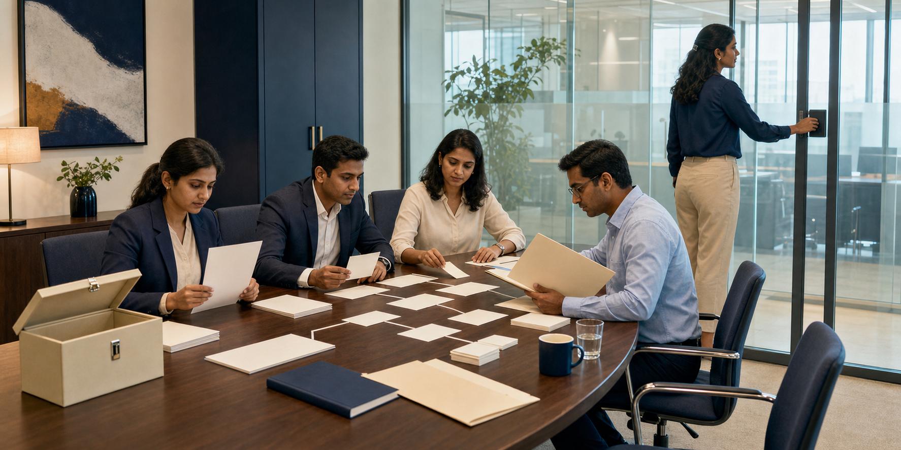A workplace review team examines confidential reporting procedures and blank case materials in a modern conference room.