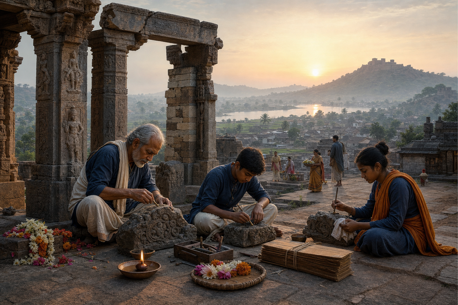 An elder and two young apprentices preserve damaged stonework in a South Asian sacred courtyard at sunrise, with a river, fields, settlement, and distant fort beyond.