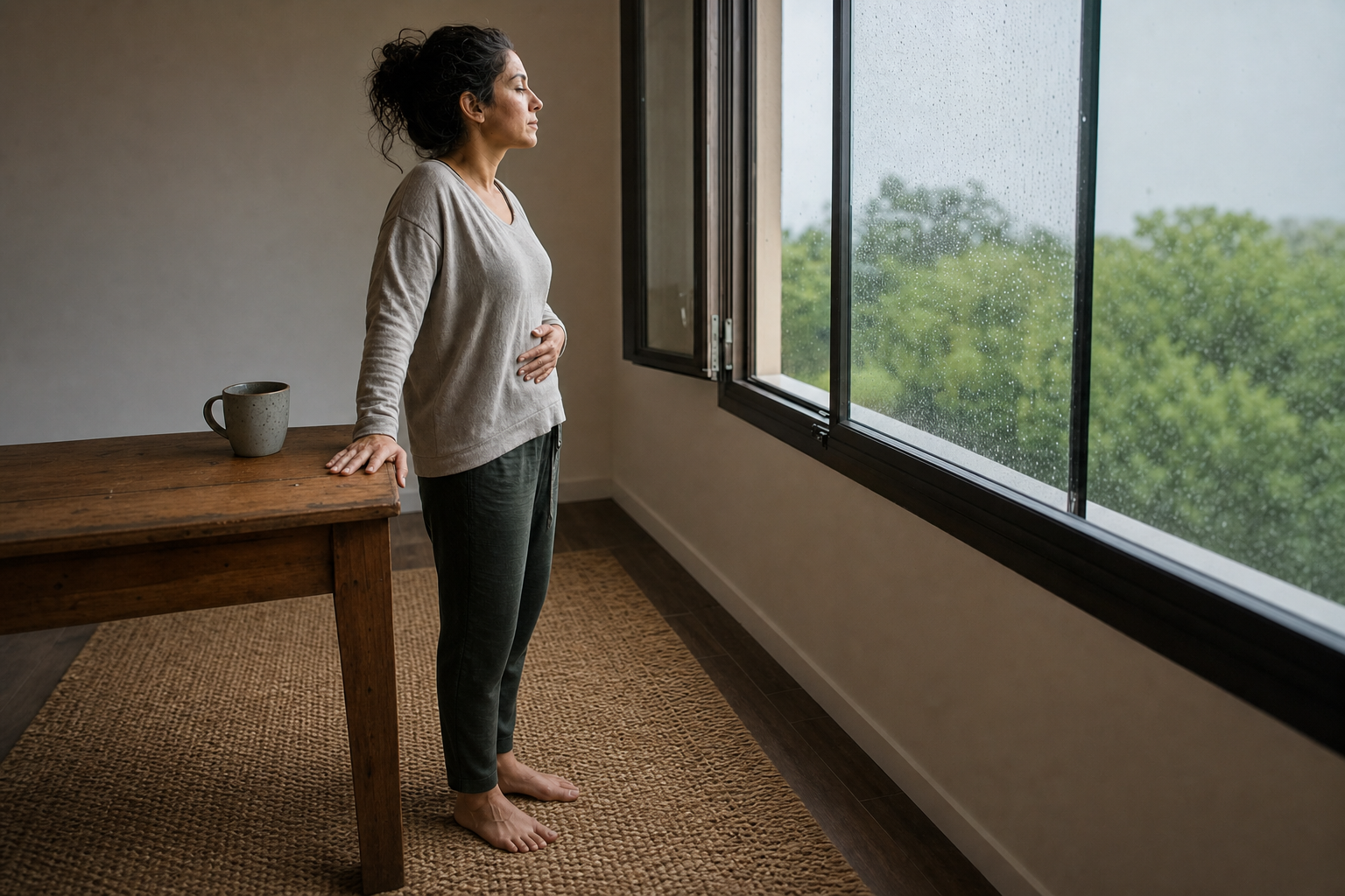 A person stands beside an open window with one hand on the abdomen, pausing to steady their breathing.