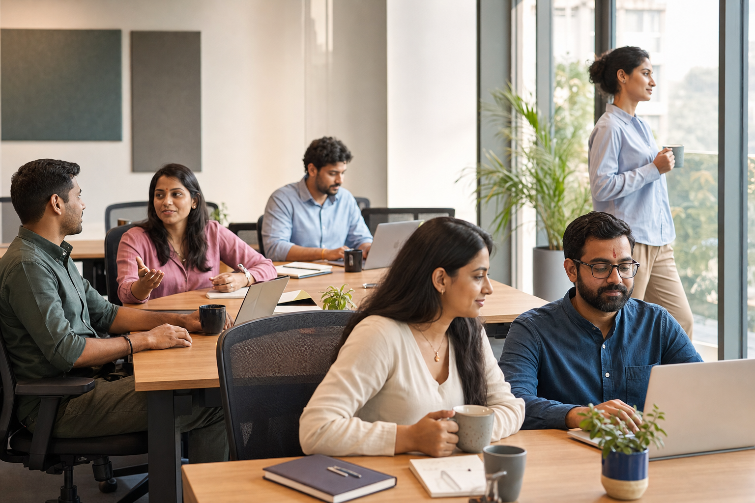 Colleagues with different personal expressions of belief share a bright office space while working and conversing respectfully.