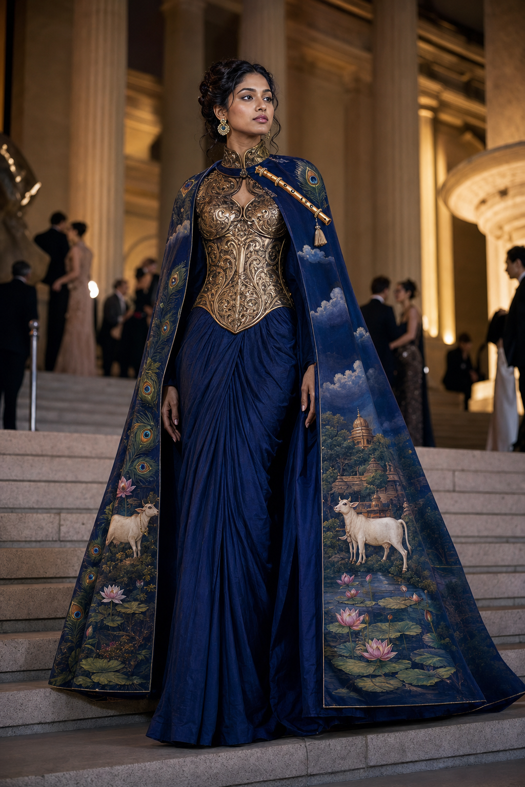 An anonymous model on museum steps wears an indigo cape decorated with cows, lotuses, peacock feathers, a flute and a temple landscape over an antique-gold sculpted bodice.
