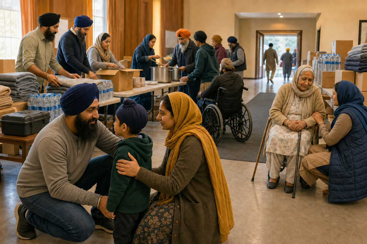 Sikh volunteers distribute food, blankets, and first-aid supplies while assisting families in a community relief hall.