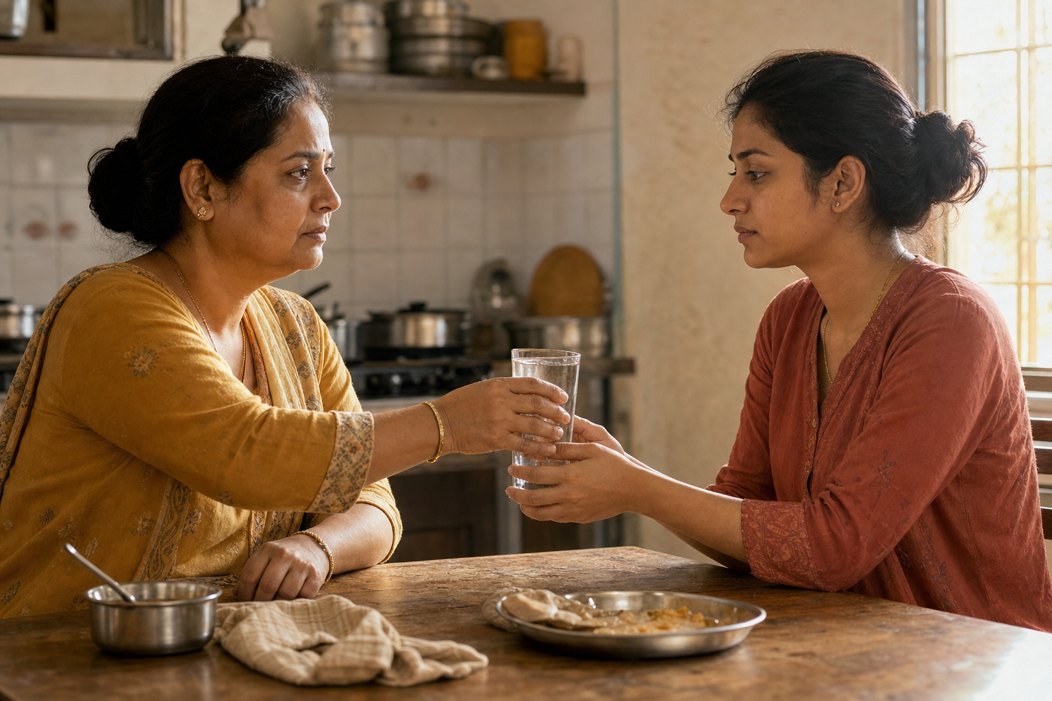 Two family members exchange a glass of water in a kitchen during a quiet moment of reconnection.