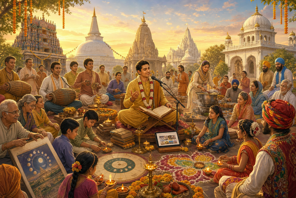 Multigenerational South Asian community learning dharmic traditions through storytelling, music, lamps, seva, and festival rituals