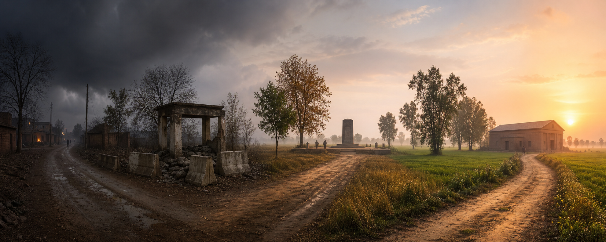 A rural Punjab road passes through changing seasons, a deserted checkpoint, a memorial clearing and a sunlit archive.