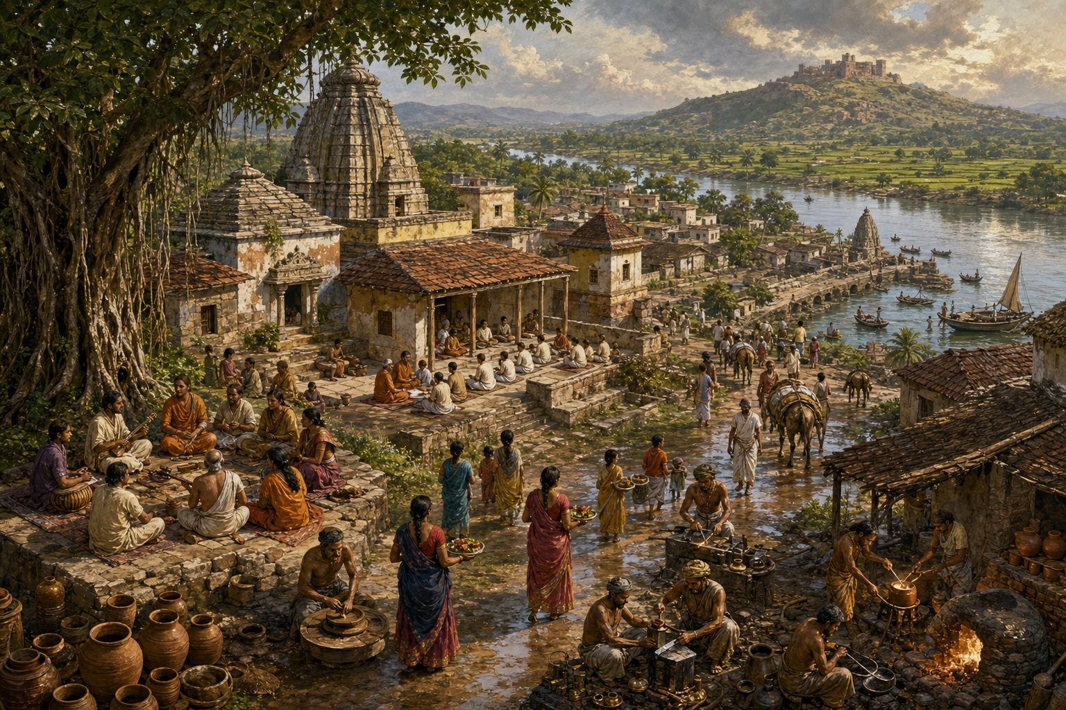 A panoramic South Asian landscape shows a fort in the distance and everyday life continuing through farms, workshops, shrines, learning spaces, markets, and homes.