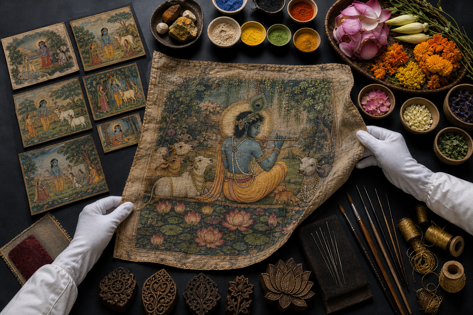 A couture cape with flute, cow, peacock-feather and lotus motifs lies among painting studies, flowers, pigments, brushes, needles, gold thread and printing blocks on a conservation table.