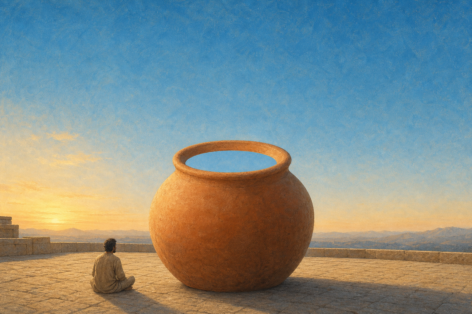 A clay pot in an open courtyard frames a patch of the same sky that stretches freely around it, while a seated figure observes nearby.