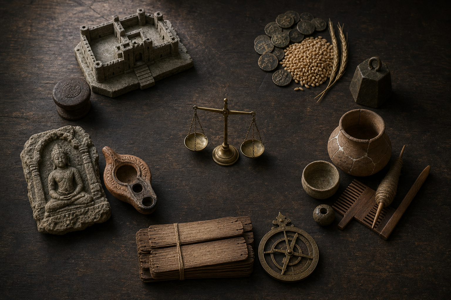 Five groups of historical objects surround a brass balance, including fortifications, coins and grain, sacred objects, household tools, and a manuscript bundle.