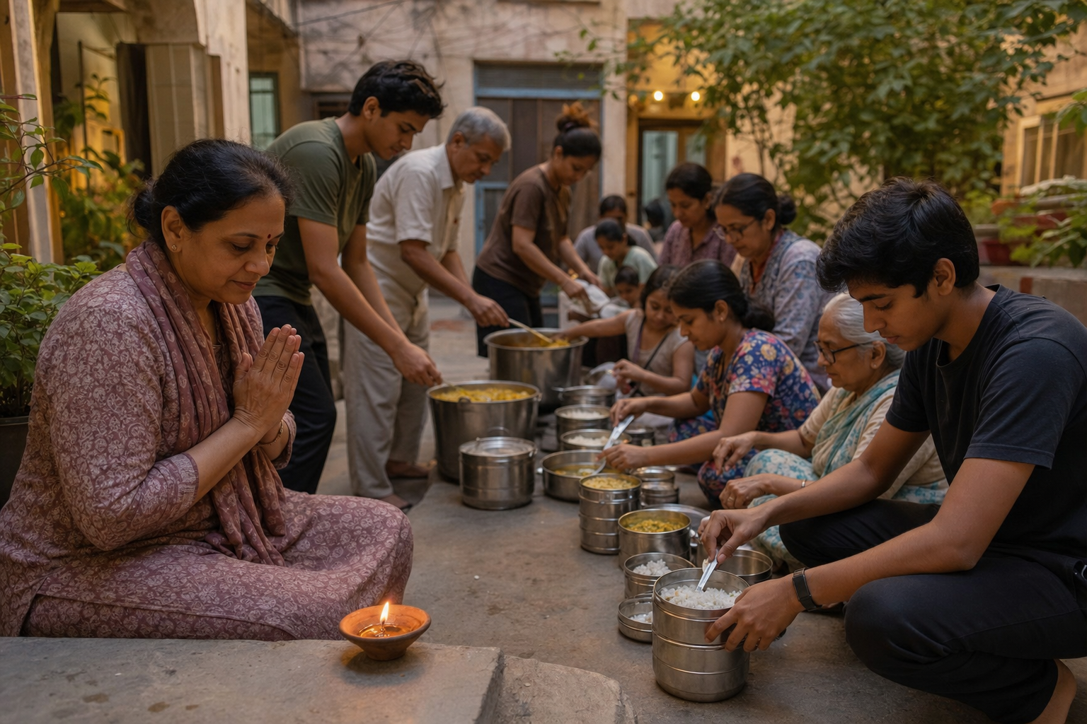 An intergenerational group portions a vegetarian meal into metal containers during a community service activity.