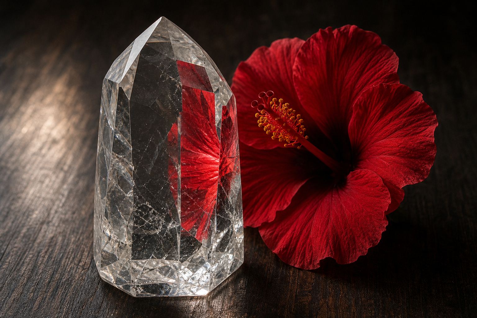 A transparent crystal beside a red hibiscus appears reddish where the flower's color passes through it.