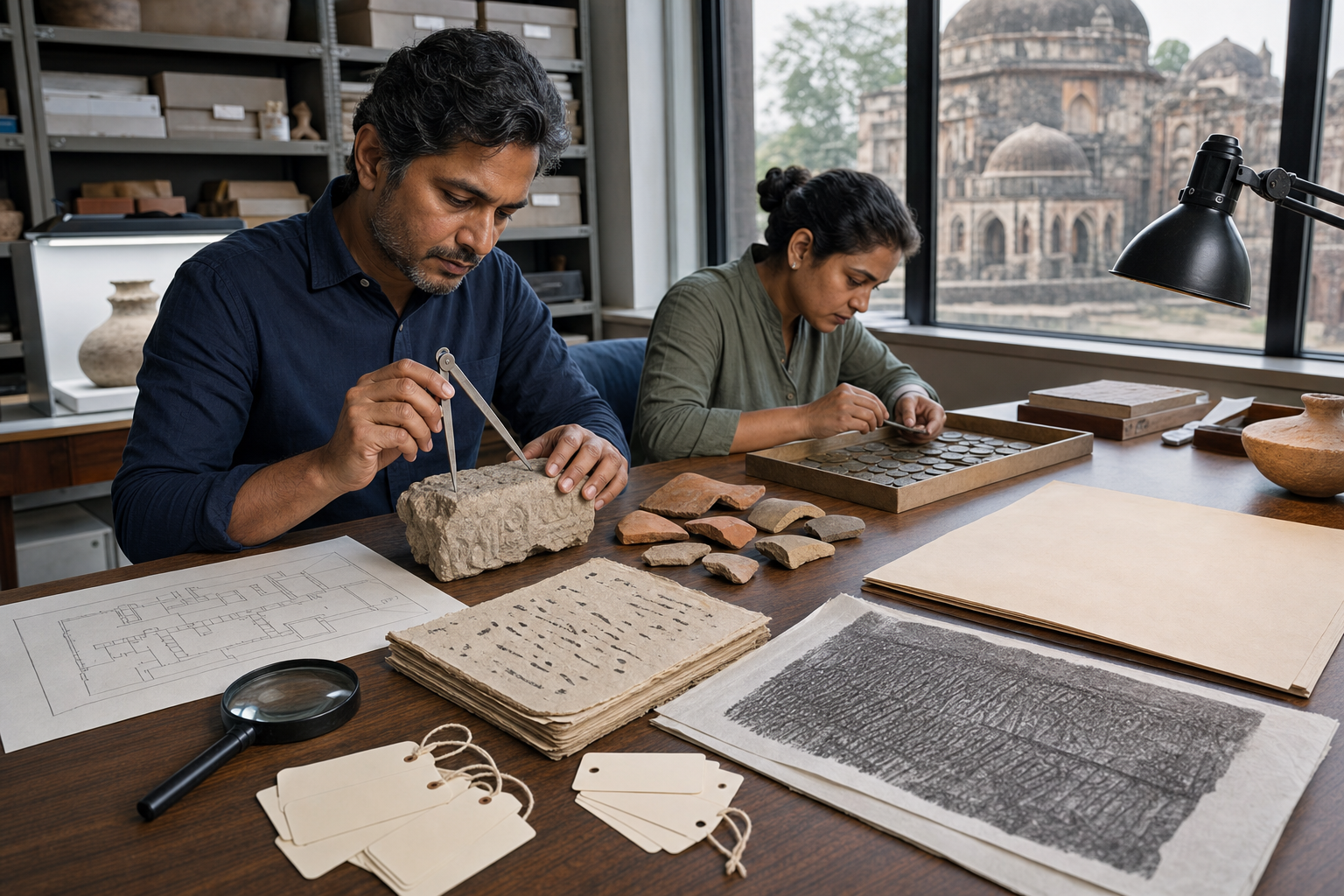Two researchers compare coins, pottery, manuscript leaves, an inscription rubbing, and architectural evidence at an archive table beside a historic site.