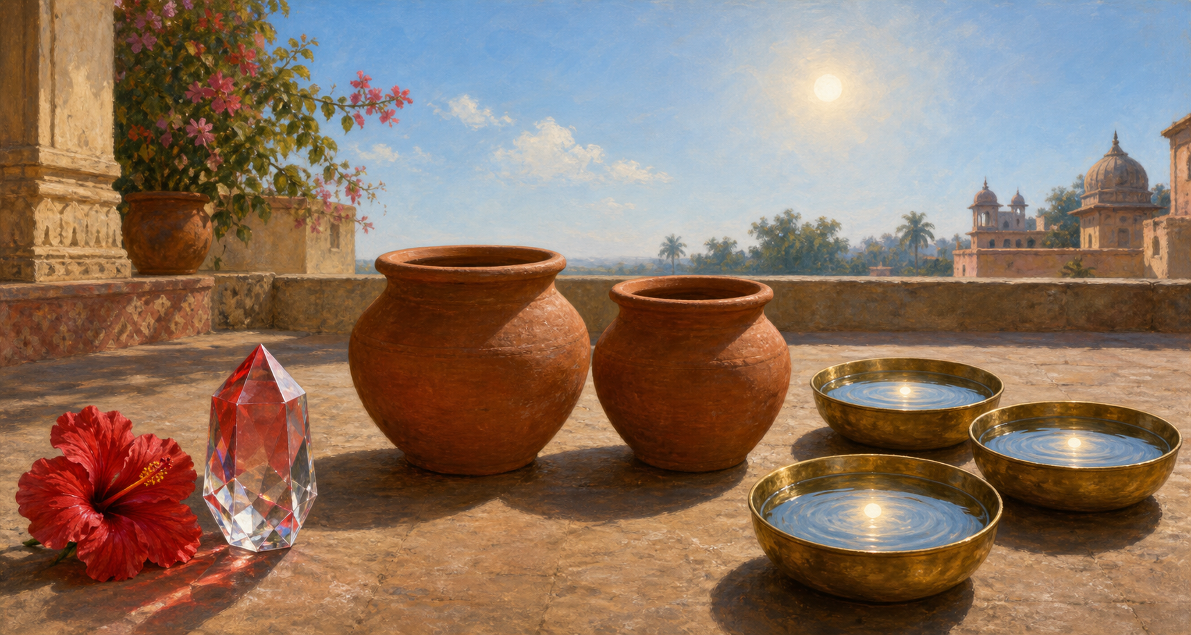 A crystal colored by a nearby flower, clay pots beneath an open sky, and one sun reflected in several bowls form three connected visual metaphors.