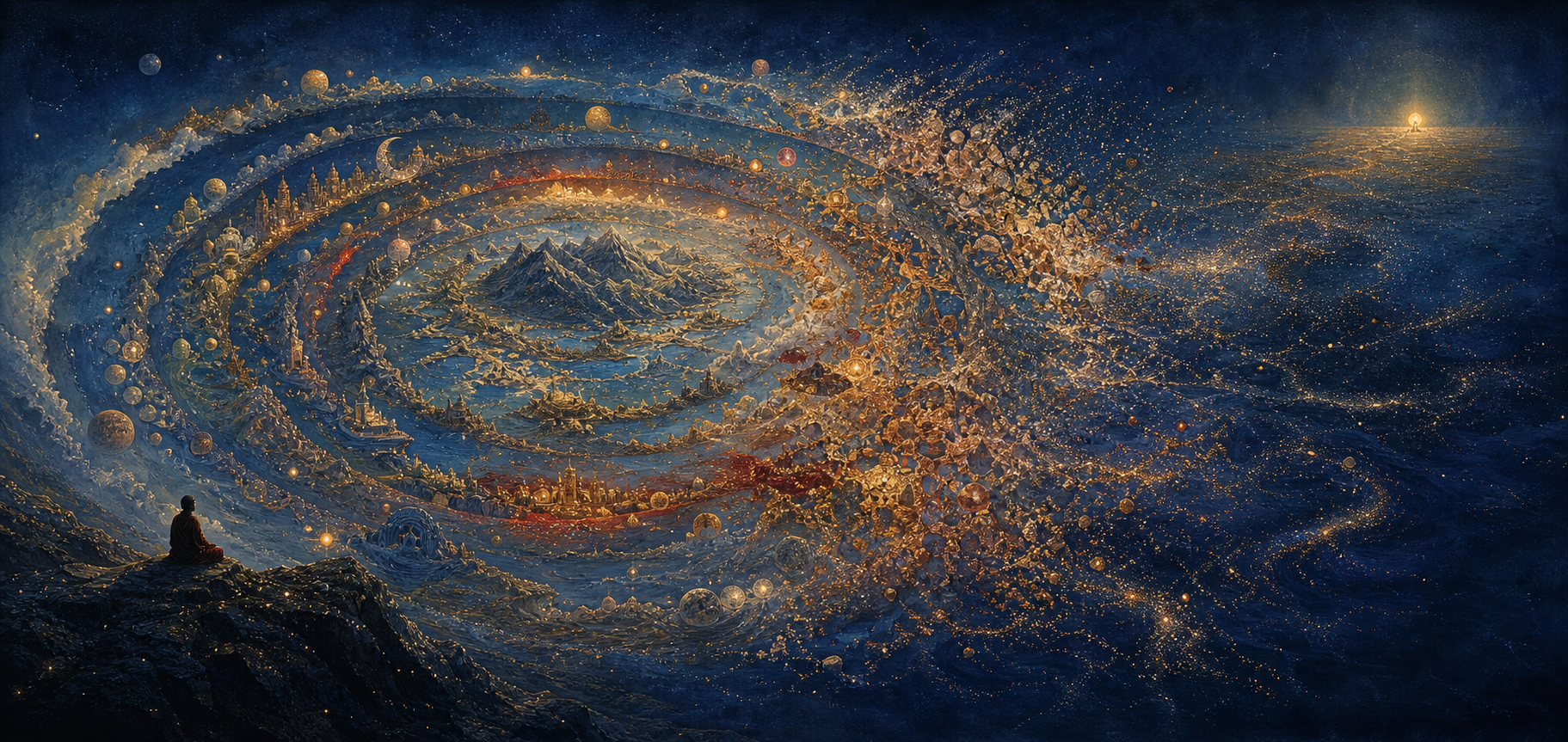 A seated figure watches mountains, cities, planets, and stars dissolve into light within a vast circular cosmos as a new golden point appears in the distance.