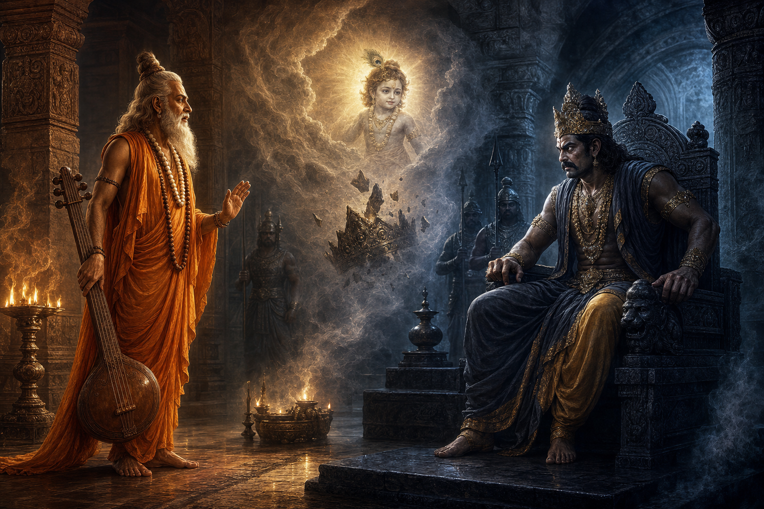 Sage Narada, carrying a veena, raises one hand while warning King Kamsa in a shadowed royal hall.