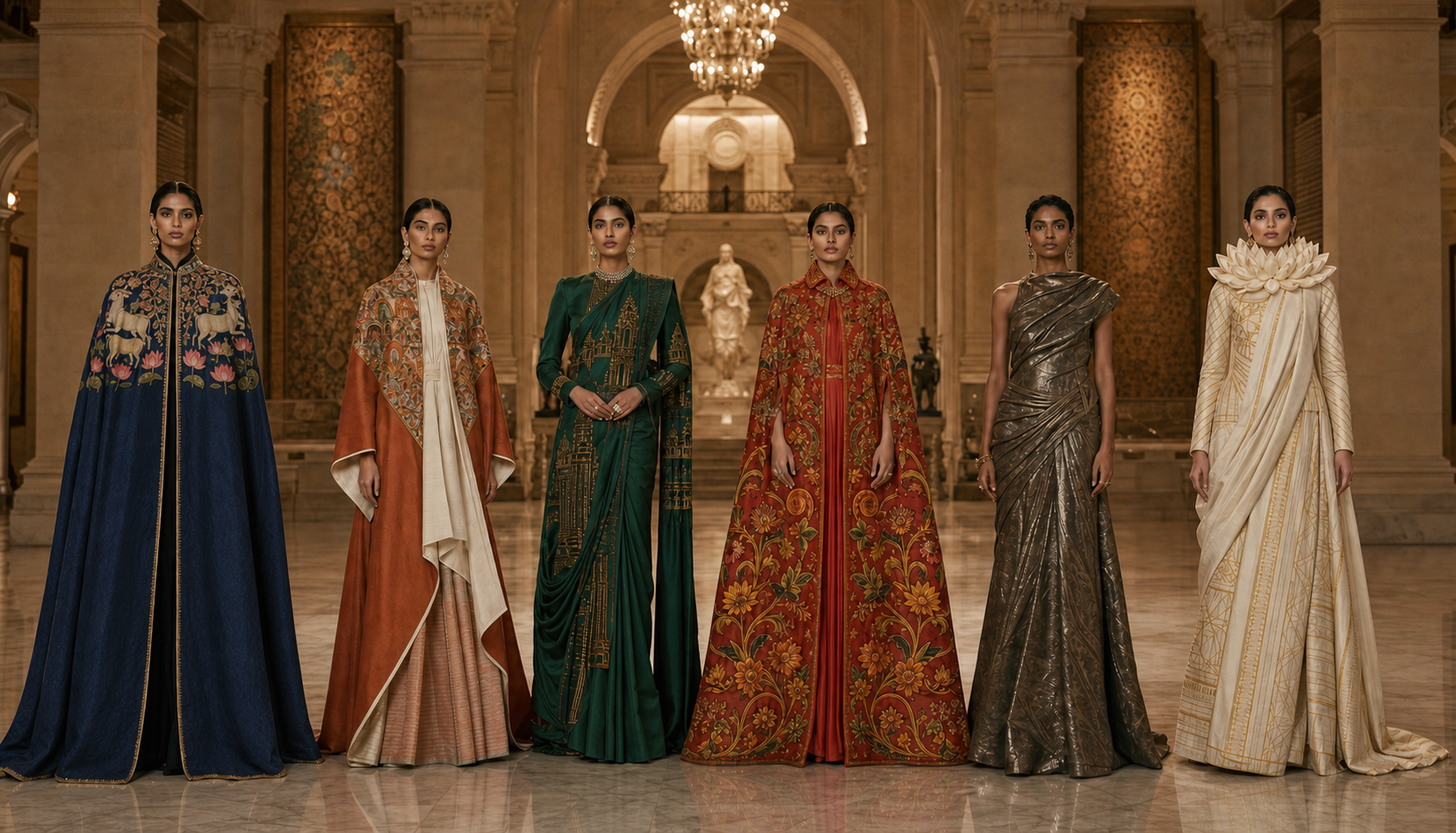 Six anonymous models stand in a museum foyer wearing distinct formal looks featuring cows and lotuses, narrative painting, temple geometry, mural colors, bronze-like texture and gold zari.