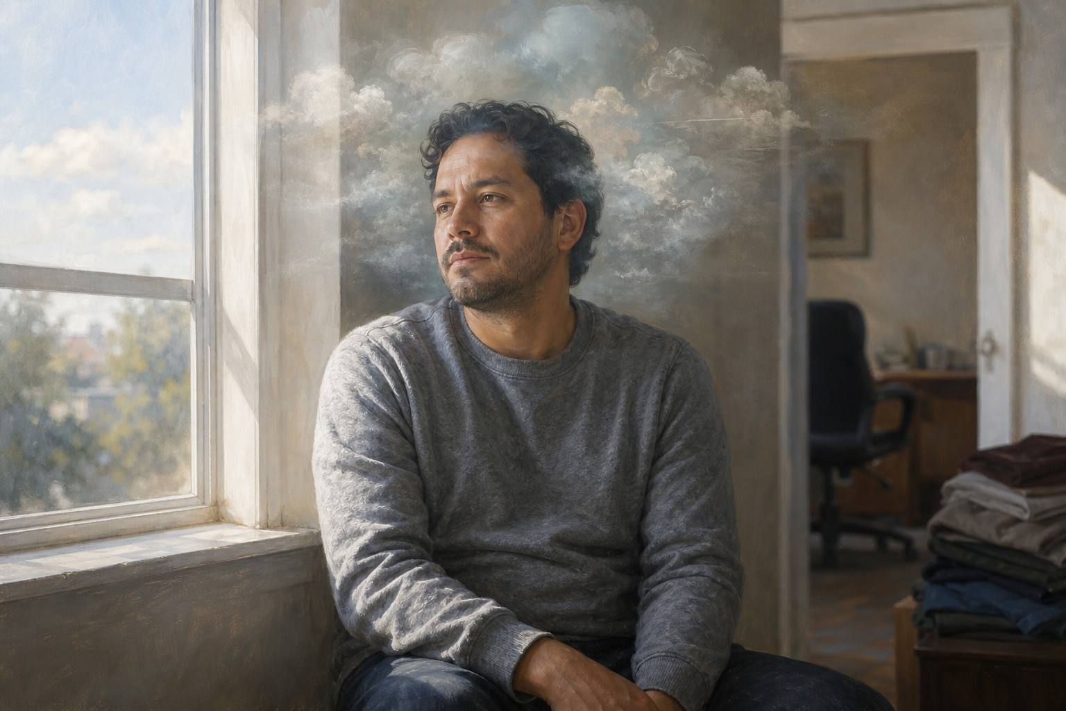 A seated person is surrounded by subtle visual layers suggesting the body, changing mental states, and social circumstances, all illuminated by the same daylight.