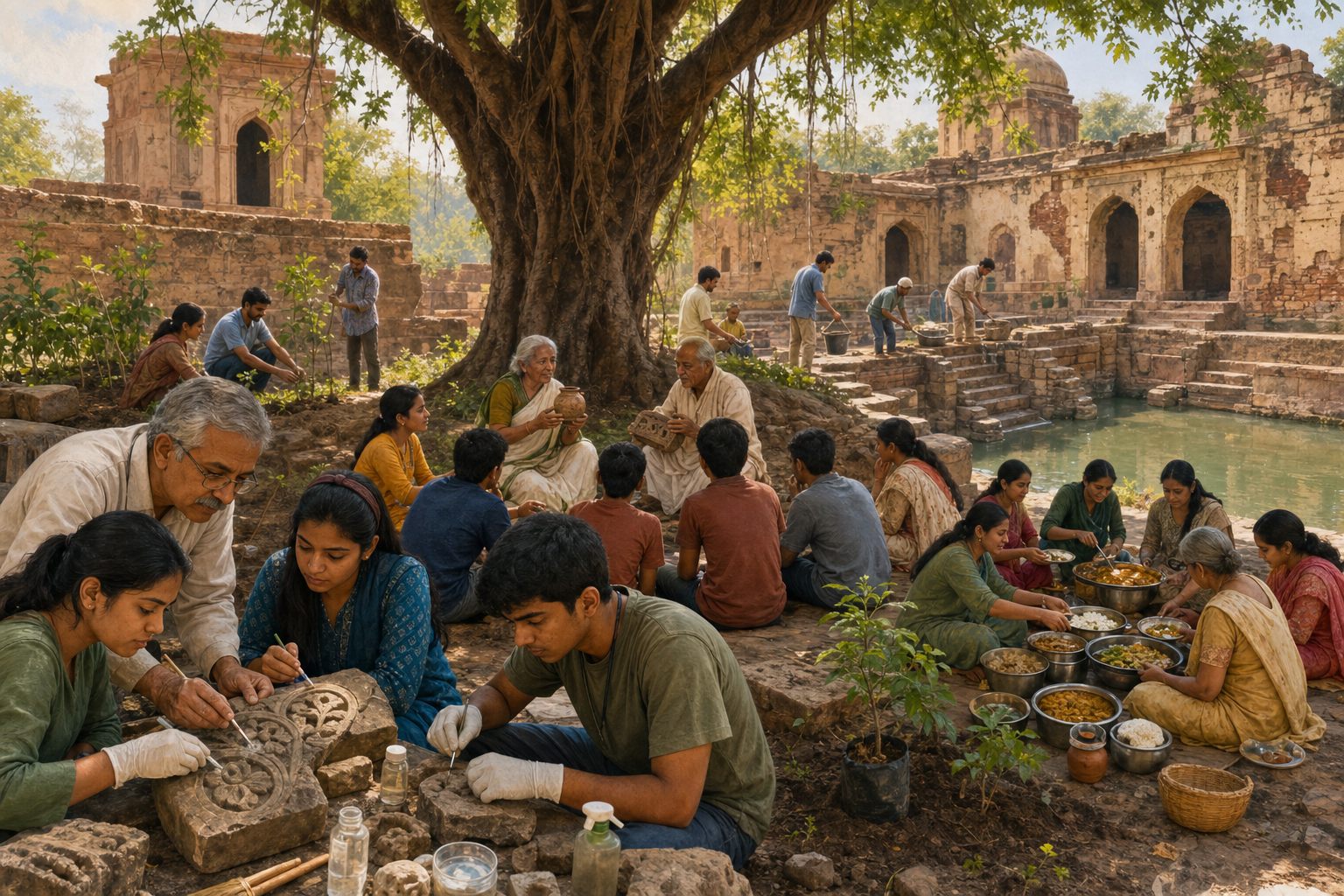 Community members conserve carved stones, teach young people, serve a meal, plant saplings, and repair a water tank at a weathered heritage site.