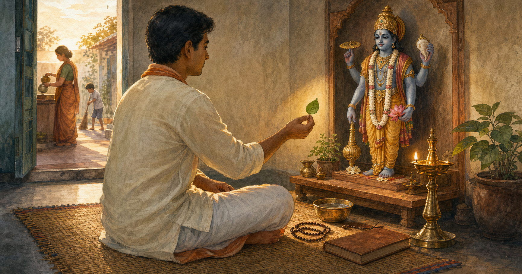 A householder at dawn offers a tulsi leaf before a small Vishnu shrine, with prayer beads, a lamp and household space nearby.