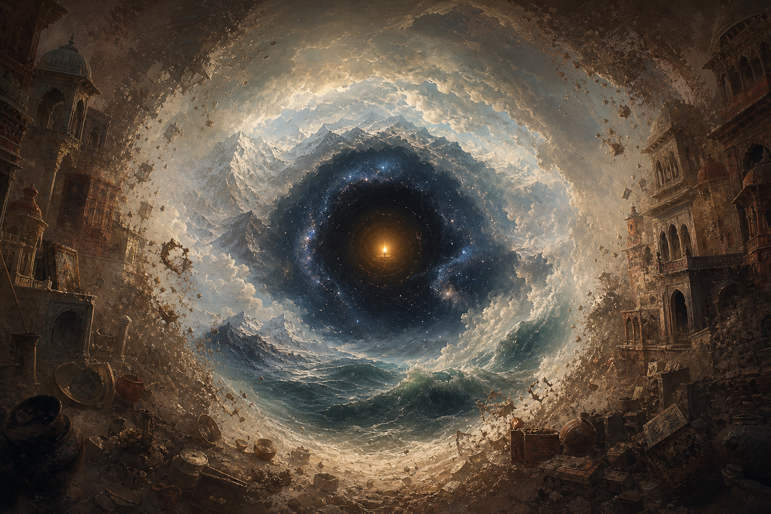 Nested layers show buildings turning to dust, mountains and oceans fading, stars disappearing, and a steady golden light remaining at the center.