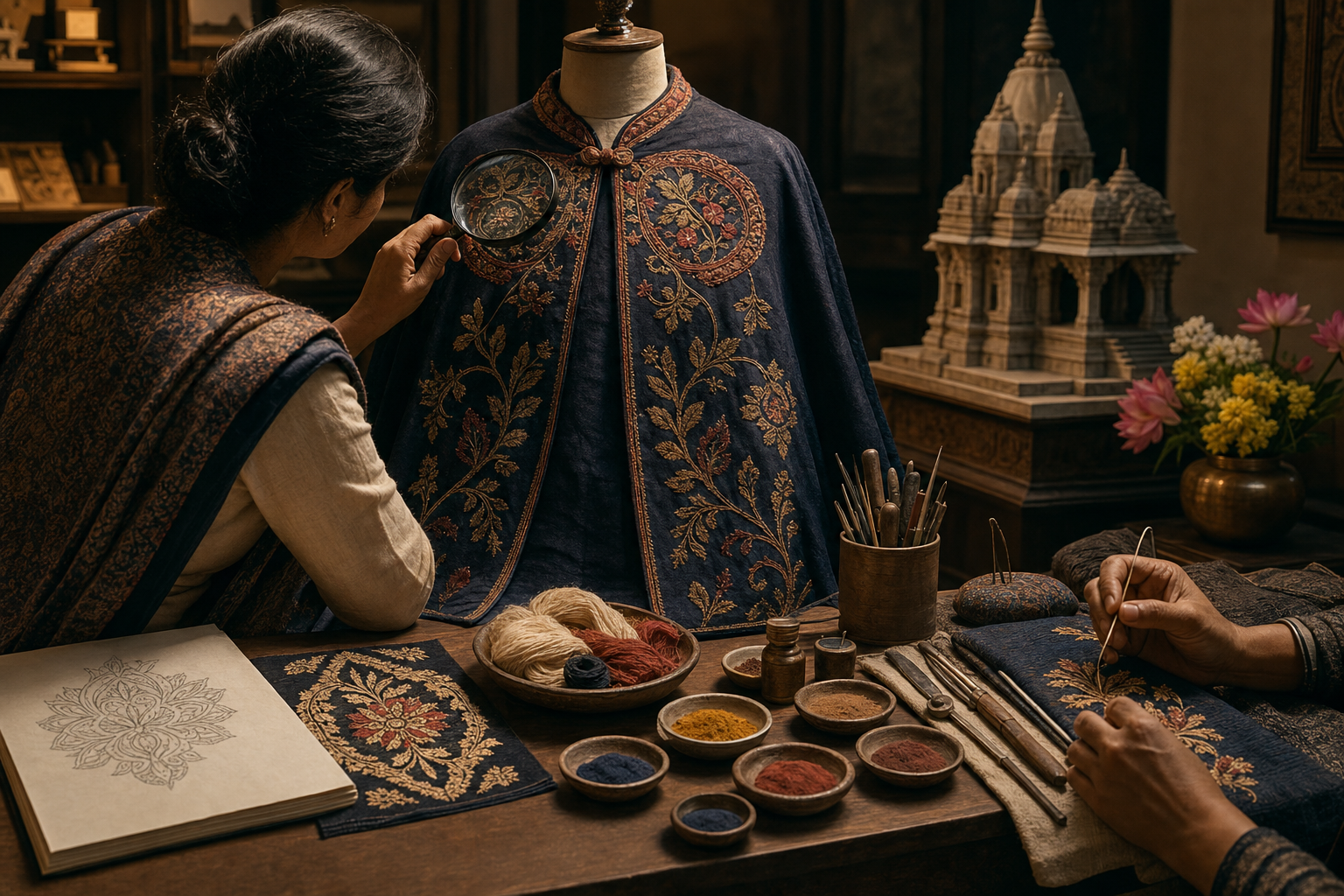 A fashion researcher inspects an embroidered cape surrounded by a motif sketch, textile samples, natural pigments, artisan tools, working hands, flowers and a small temple model.