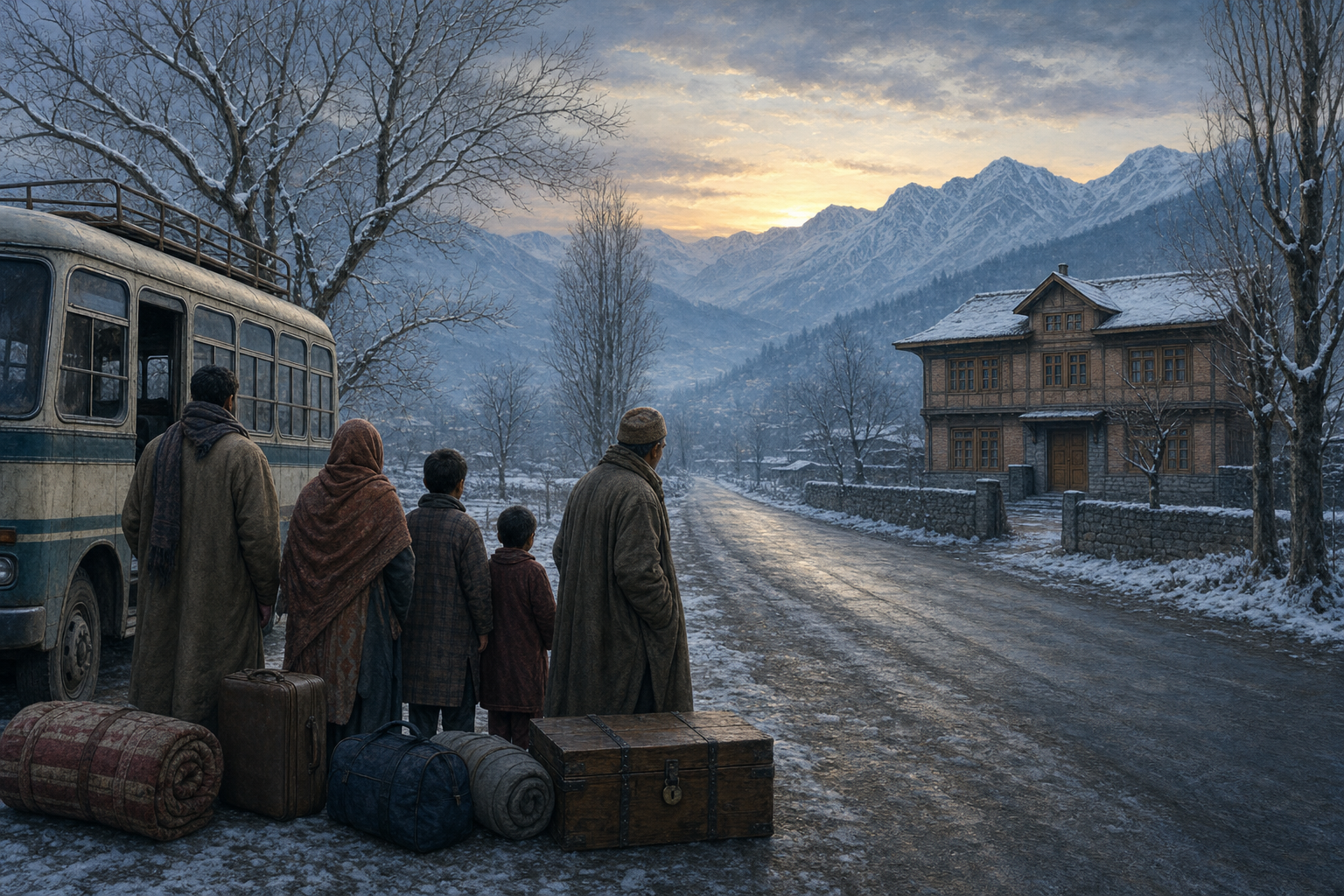 An illustrated Kashmiri Pandit family with luggage pauses beside a bus at winter dawn, looking back toward a closed home beneath snow-dusted chinar trees.