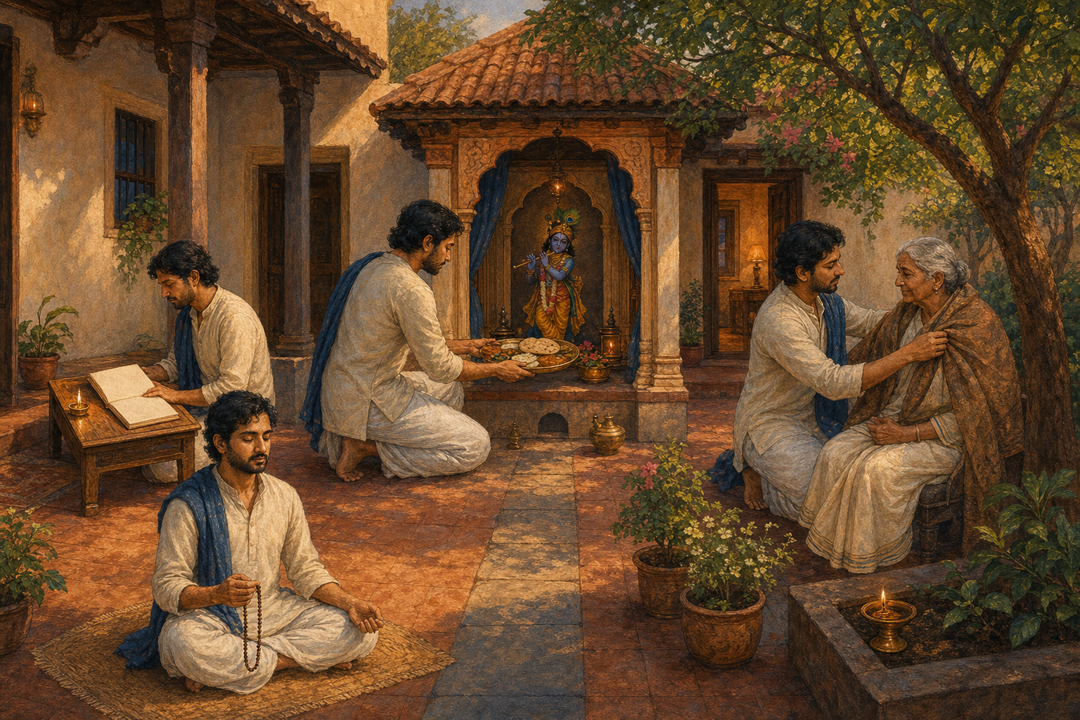 A householder studies, cares for an elderly relative and meditates around a central meal offering at a Krishna shrine.