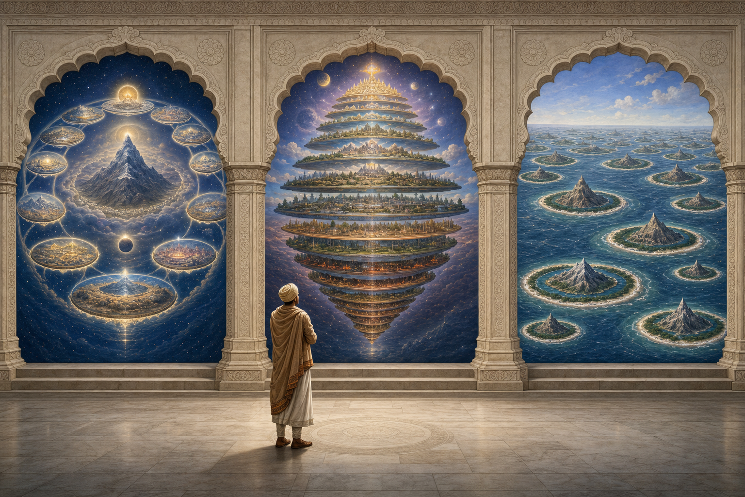 A scholar observes three separate alcoves containing different many-layered visions of the cosmos, each rendered with its own structure and colors.