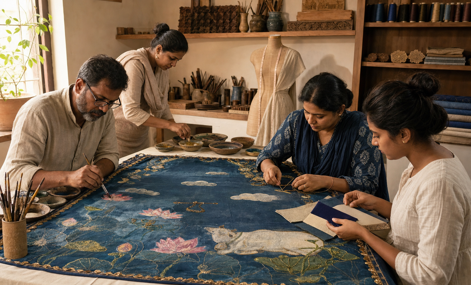 Artisans in a textile studio paint lotus, cow, cloud and flute motifs on a raised cape panel while adding gold-thread embroidery and mixing pigments.