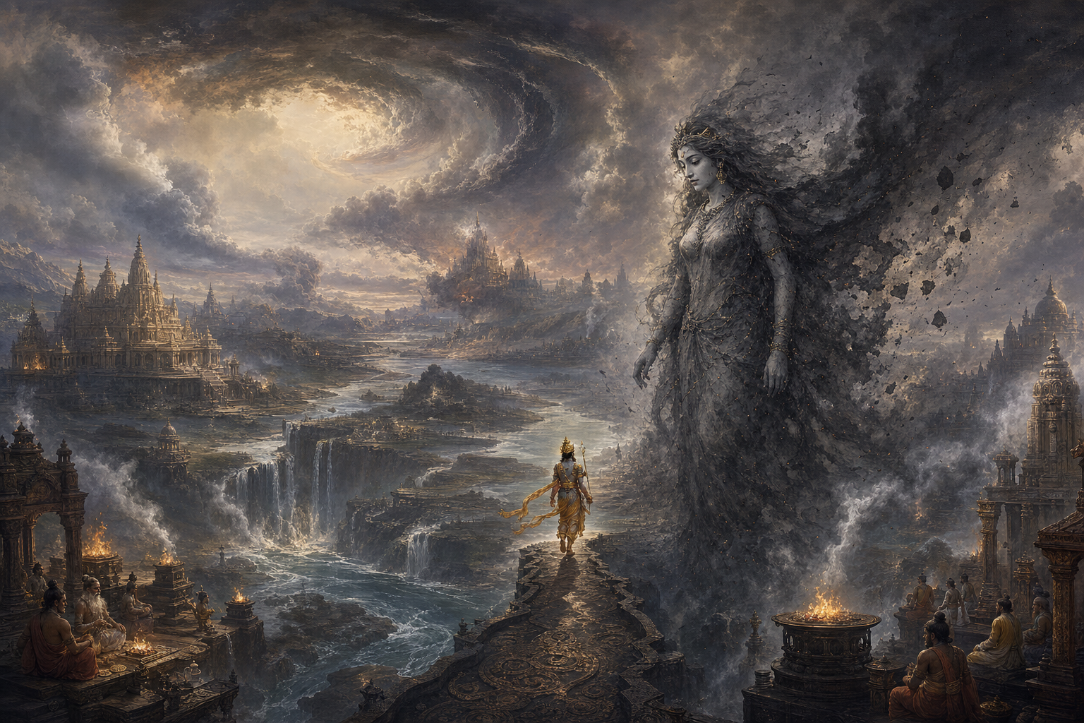 A shadowy personification of Brahmahatya follows Indra as clouds, fires, and streams around the celestial realm fall out of balance.