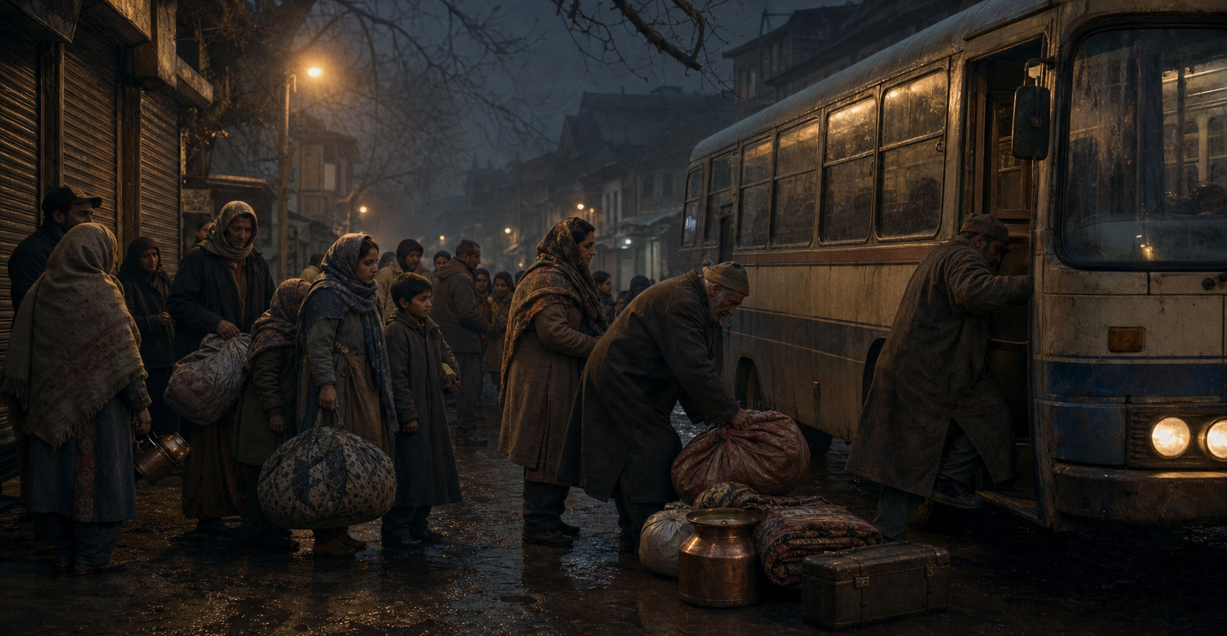 Several anonymous Kashmiri Pandit families gather with blankets, vessels, and suitcases beside an older bus on a dim winter street with closed shops.