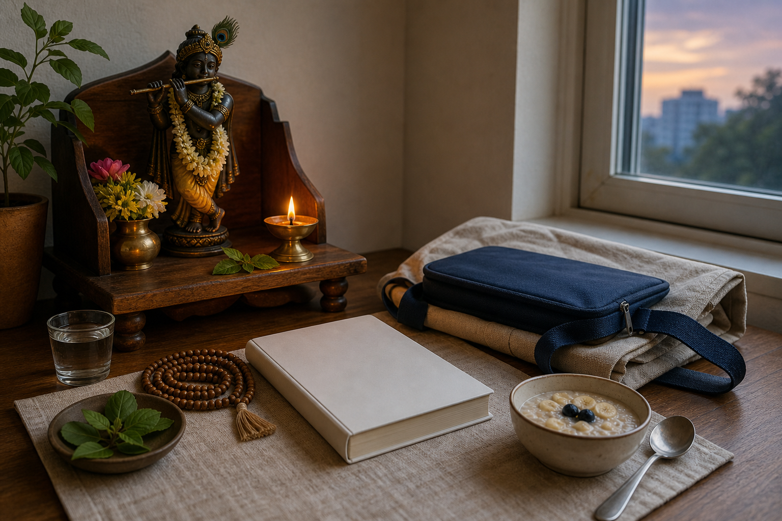A small home shrine with a Krishna murti, lamp, water, flowers and prayer beads stands beside everyday work and breakfast items at dawn.