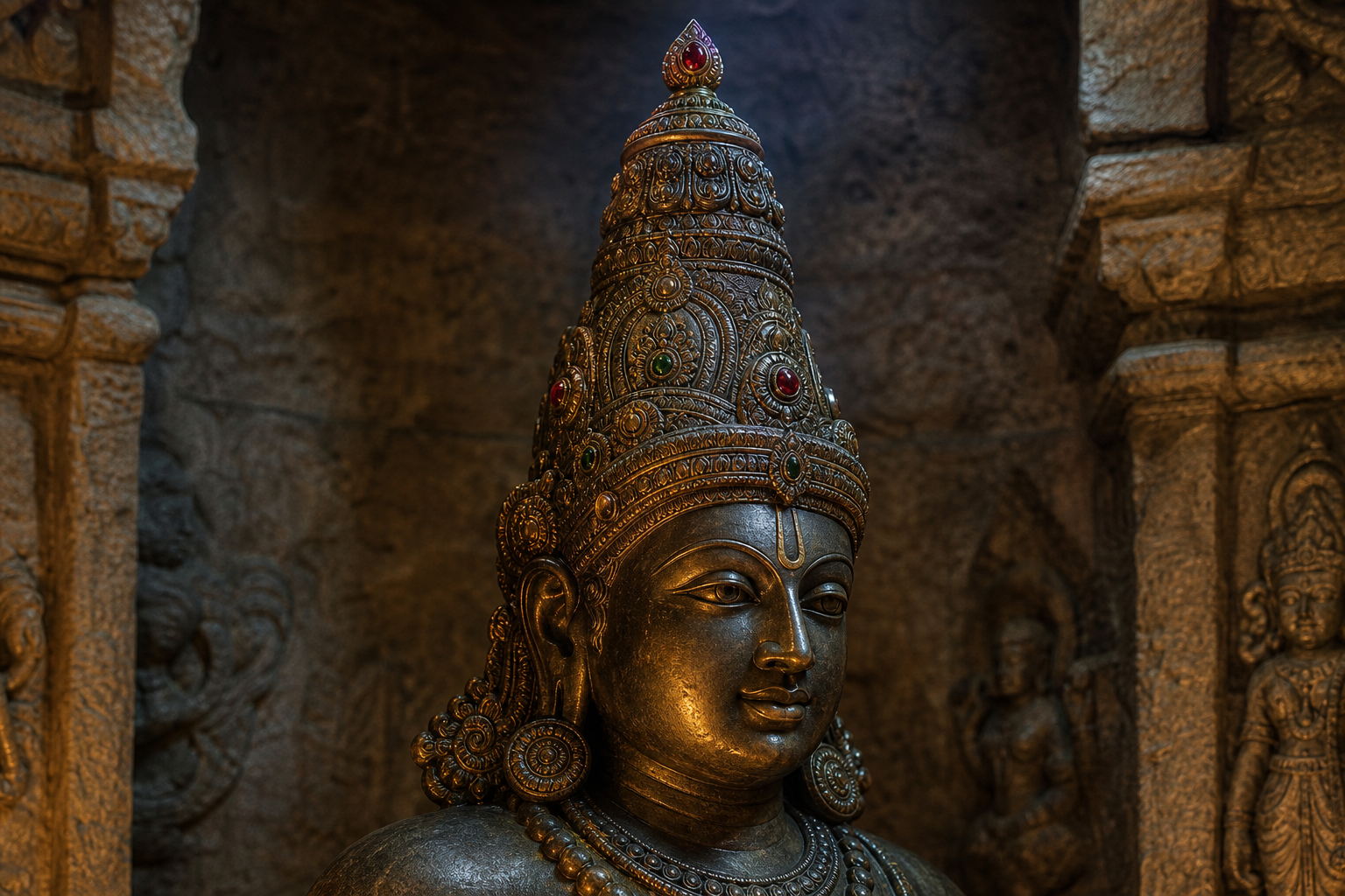 Close view of a bronze Vishnu murti with a tall crown ending in a small lotus-bud-shaped jeweled crest.