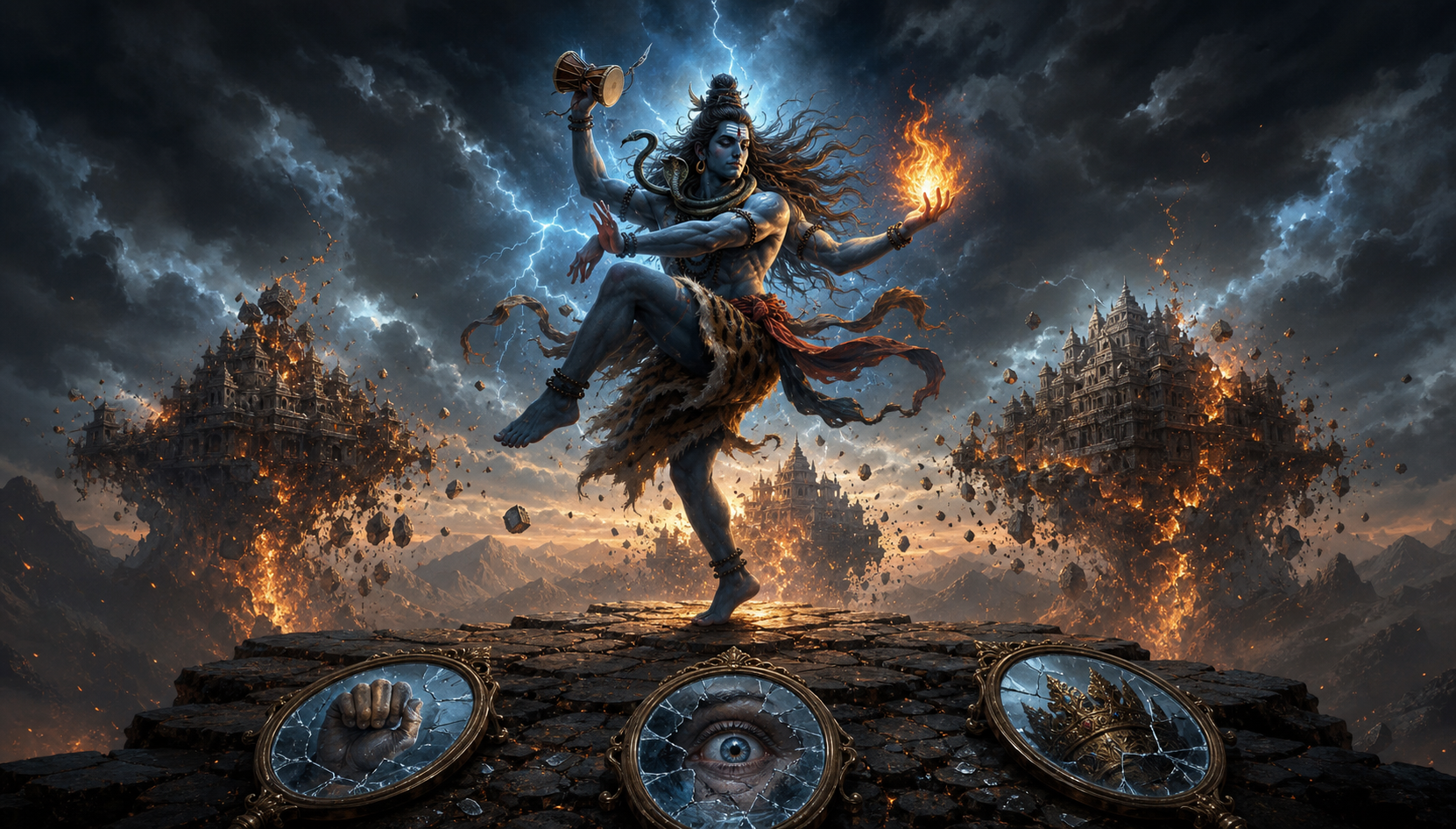 Shiva dances amid wind and sparks as three distant fortified cities break into embers and three cracked mirrors lie in the foreground.