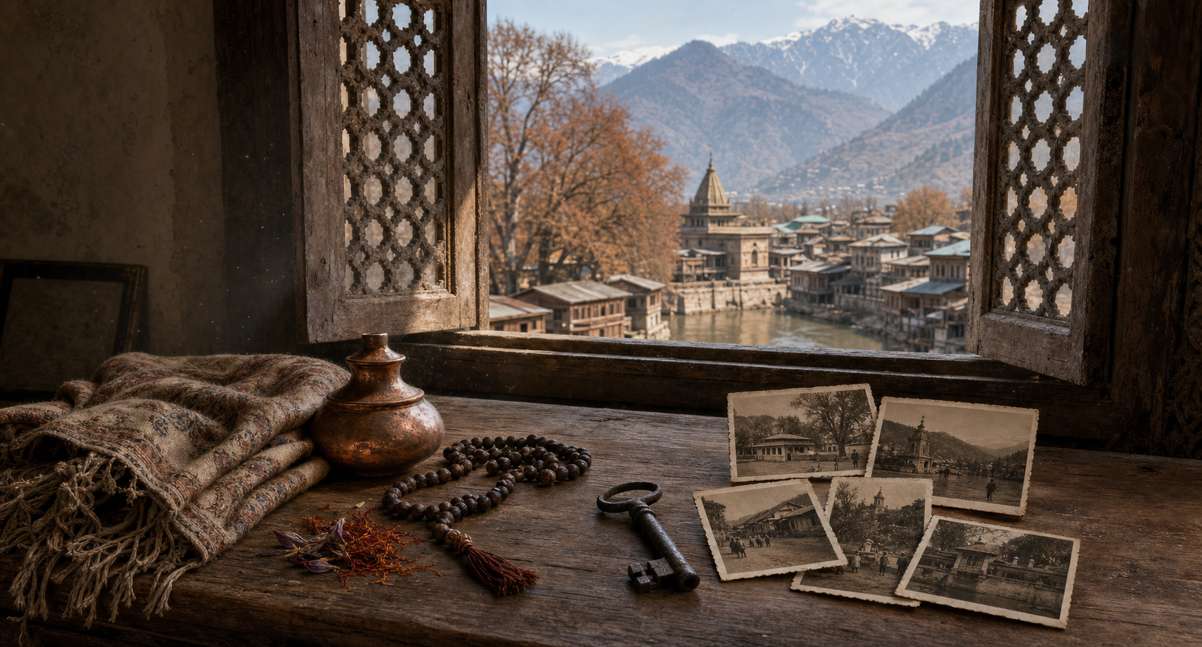 An old house key, copper vessel, prayer beads, shawl, saffron, and faded family photographs rest on a walnut table beside a window overlooking a Kashmiri neighborhood.