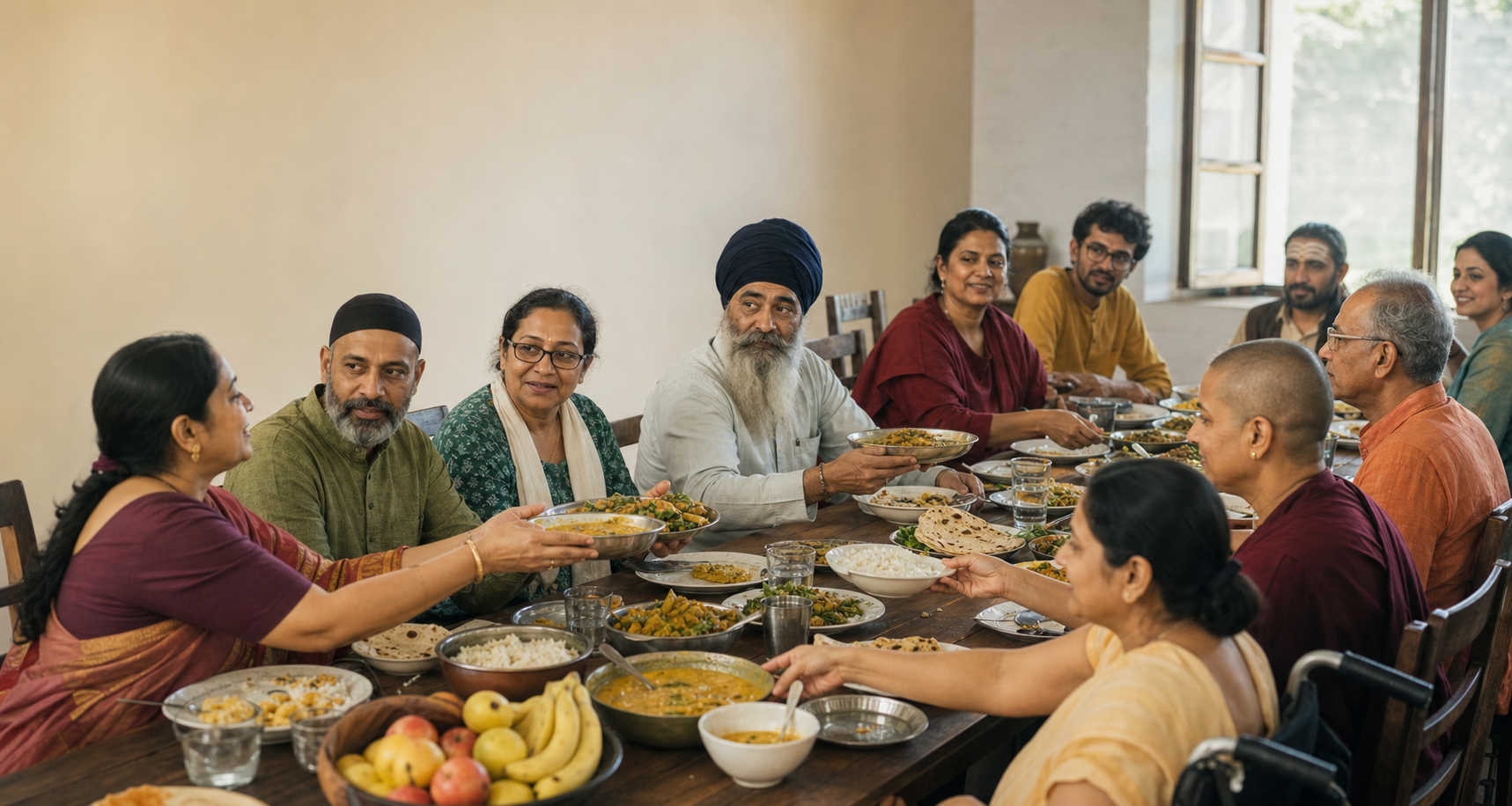 People from several Dharmic communities pass vegetarian dishes around a long table in a sunlit community hall.