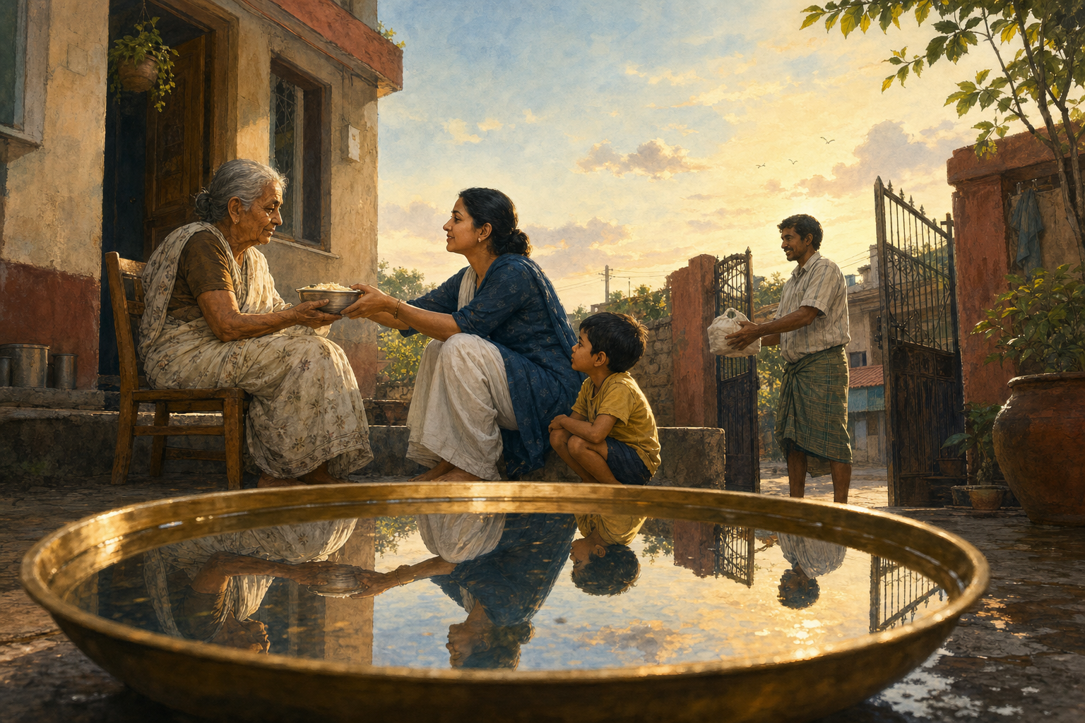 A householder helps an elderly relative and a neighbor in a dawn courtyard while the scene is reflected in a basin of water.