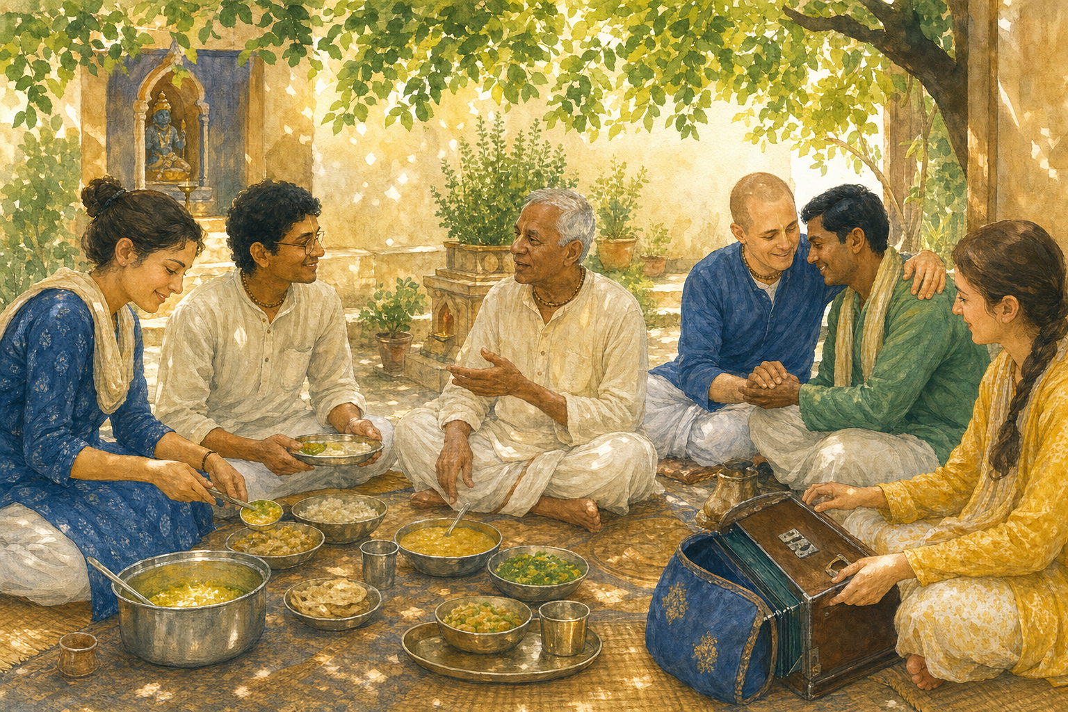 Vaishnava practitioners share a meal and help one another in a courtyard with tulsi plants and a small shrine in the background.