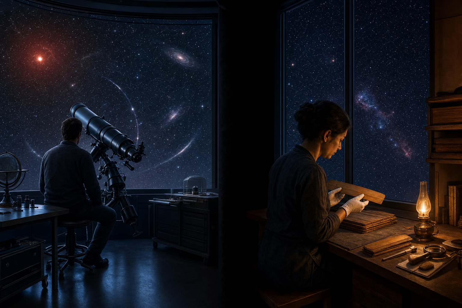 An astronomer works beside a telescope while a conservator studies a palm-leaf manuscript at a separate lamplit table under the same starry sky.