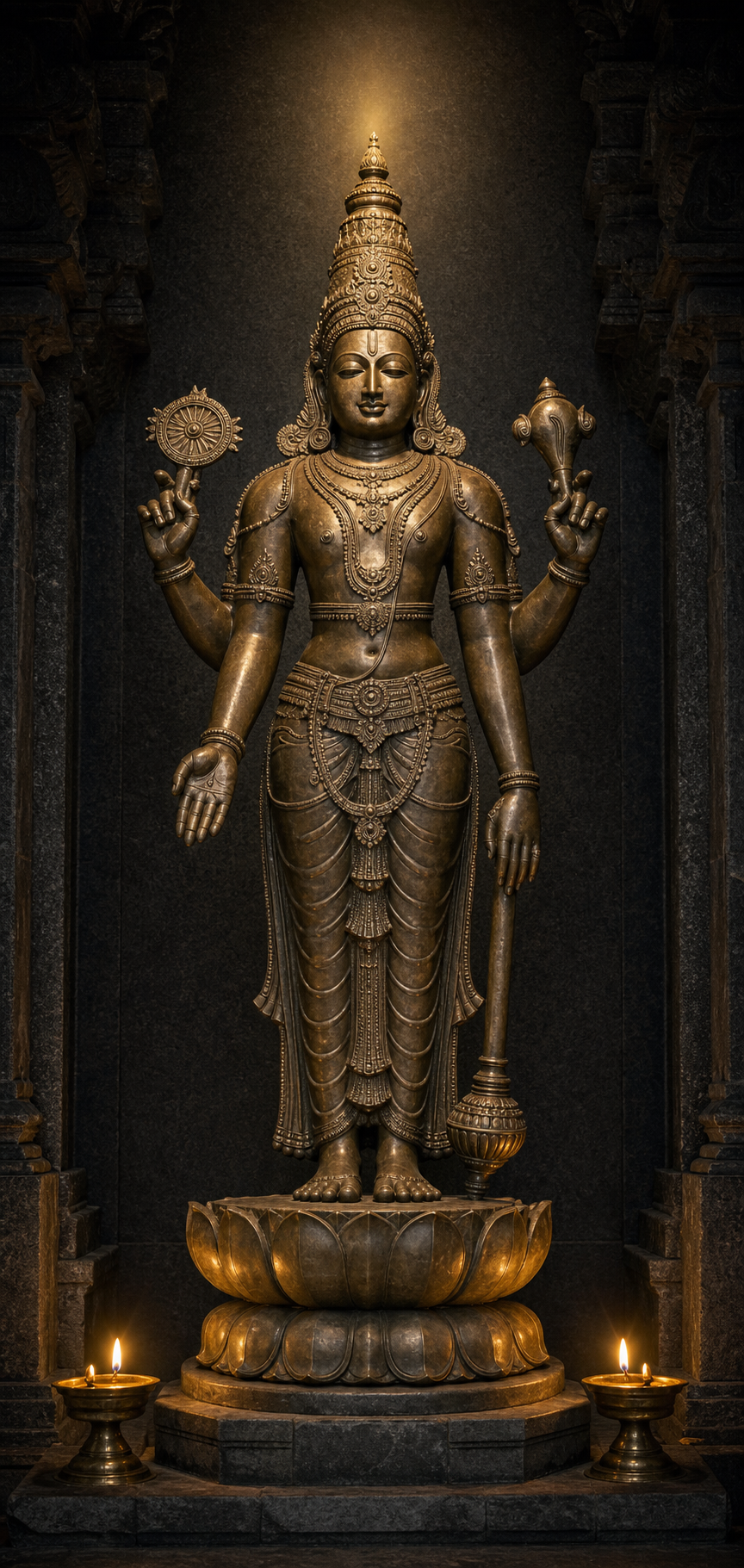 Full-length four-armed Vishnu murti aligned vertically from a lotus pedestal to the jeweled point above the crown.