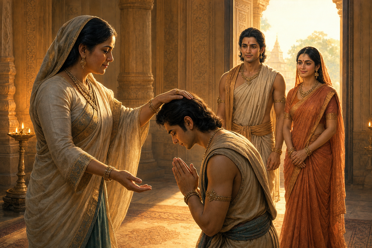 Sumitra blesses a bowing Lakshmana while Rama and Sita wait near a palace doorway.