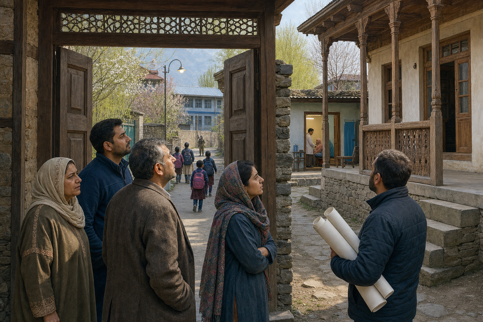 A family, a neighbor, and a building professional inspect a repaired Kashmiri home on an inhabited lane near a school, clinic, streetlights, and a distant safety patrol.