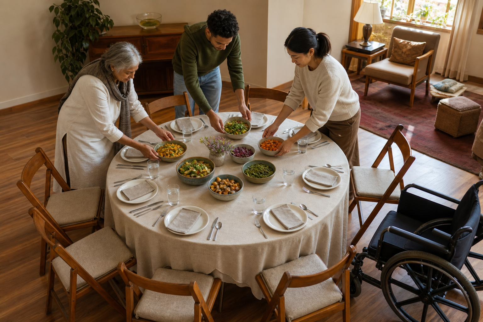 Three hosts arrange equal place settings, vegetarian serving dishes, water, and wheelchair access in a community hall.