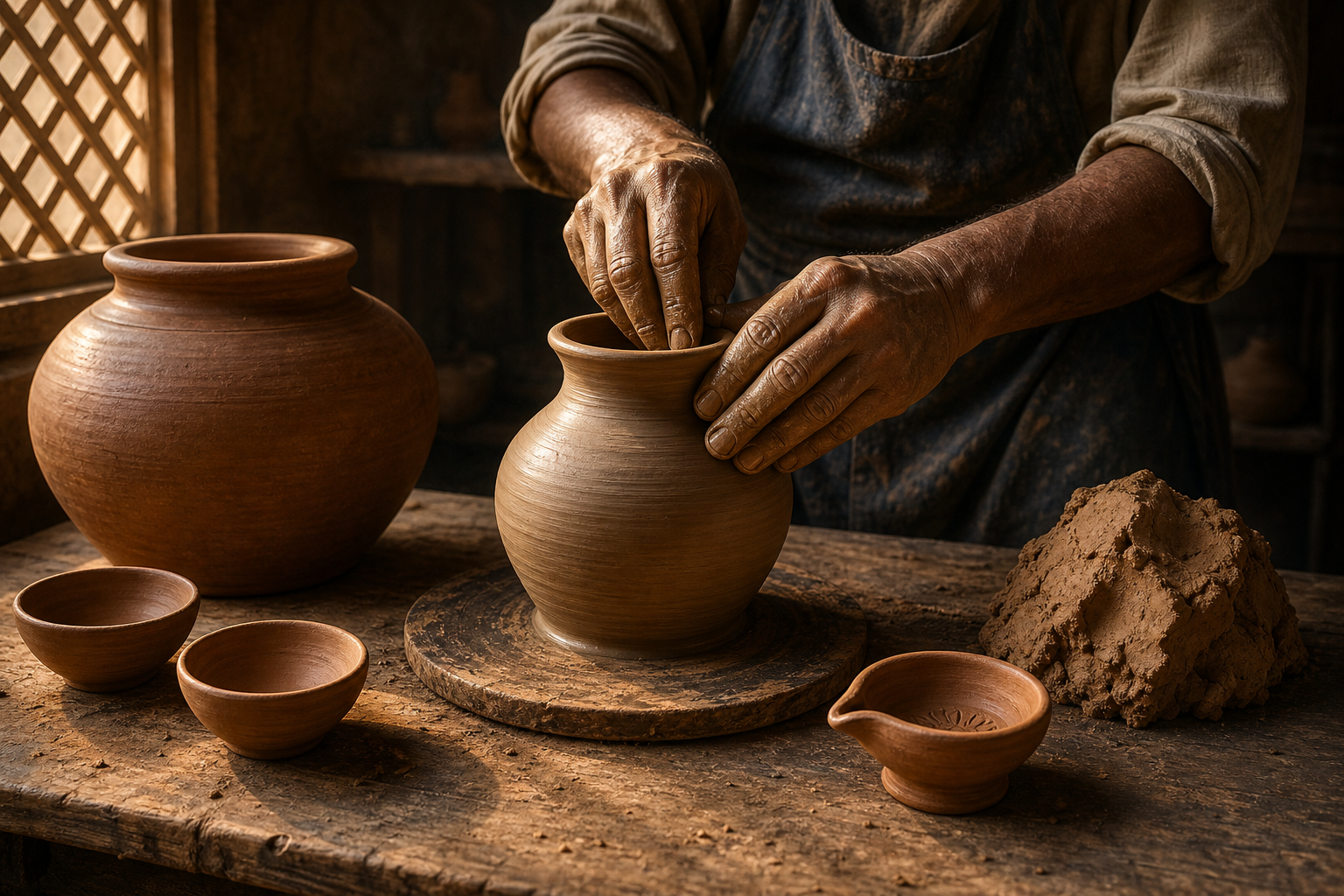 A potter shapes a vessel beside finished jars, bowls, a lamp, and a mound of raw clay on a workshop table.