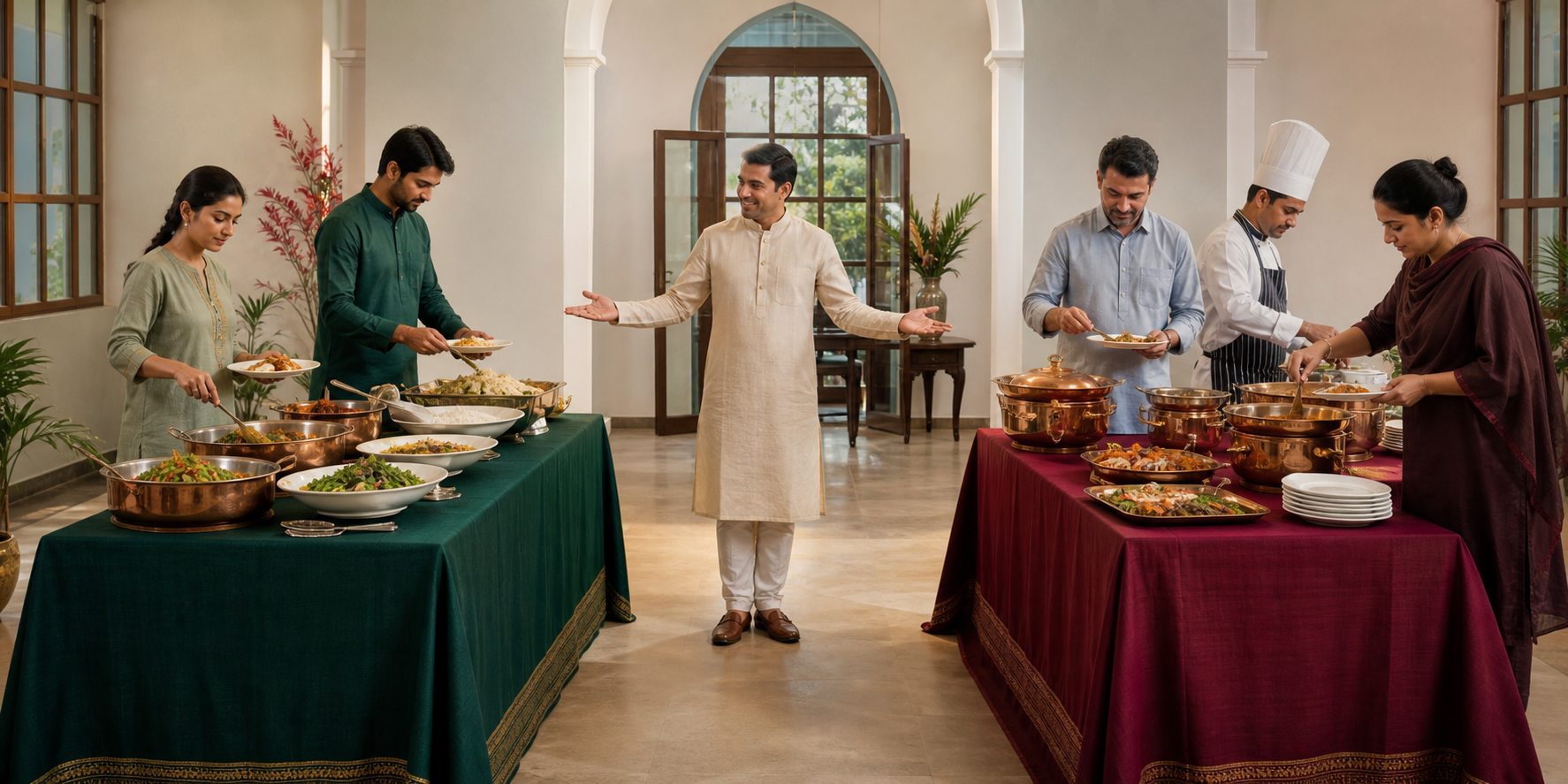 Guests choose between two distinct vegetarian serving stations with separate dishes, utensils, and preparation boundaries.