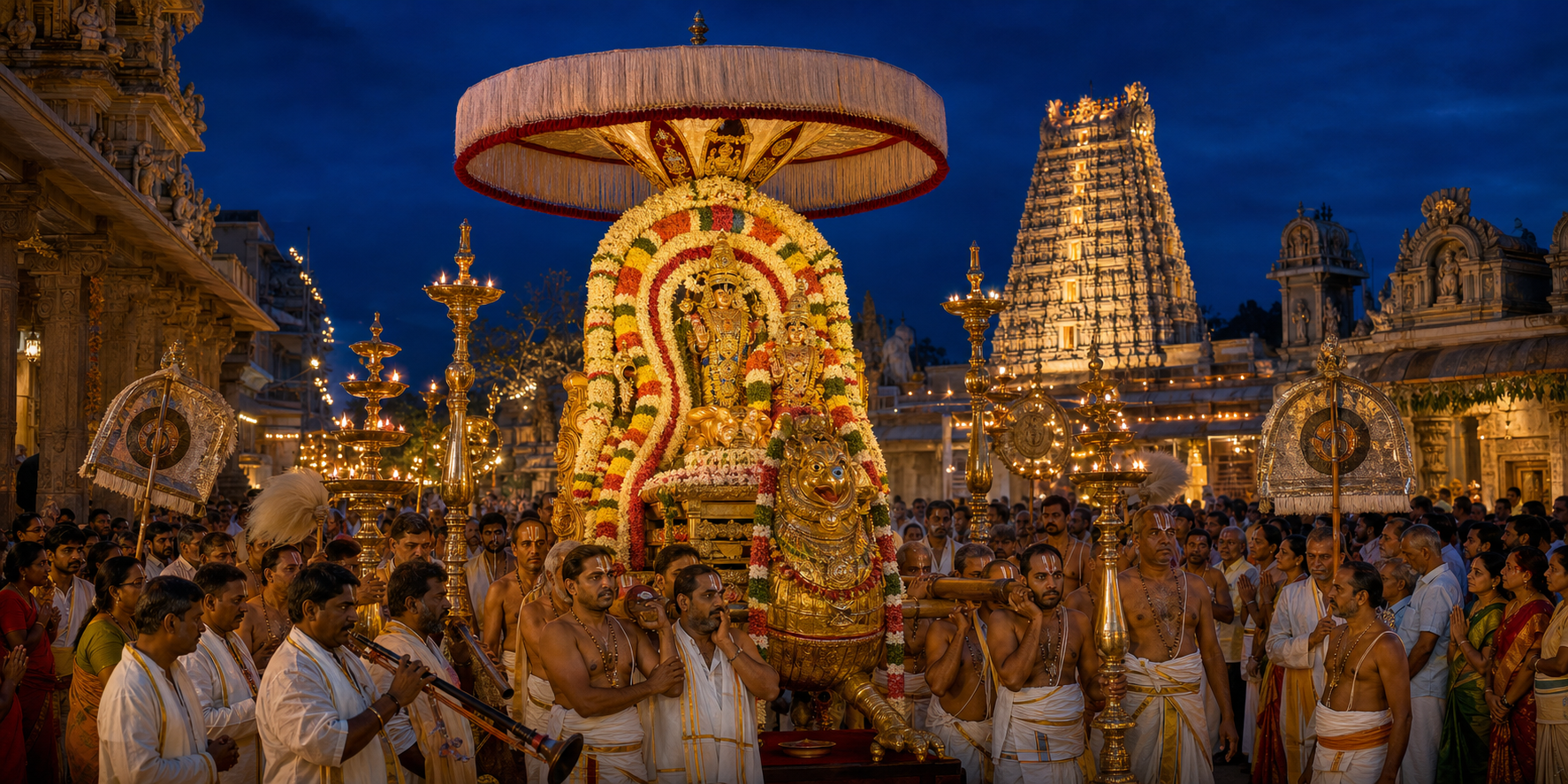 An evening Brahmotsavam procession with a decorated festival deity, priests, musicians, devotees, oil lamps, and a South Indian temple gopuram.