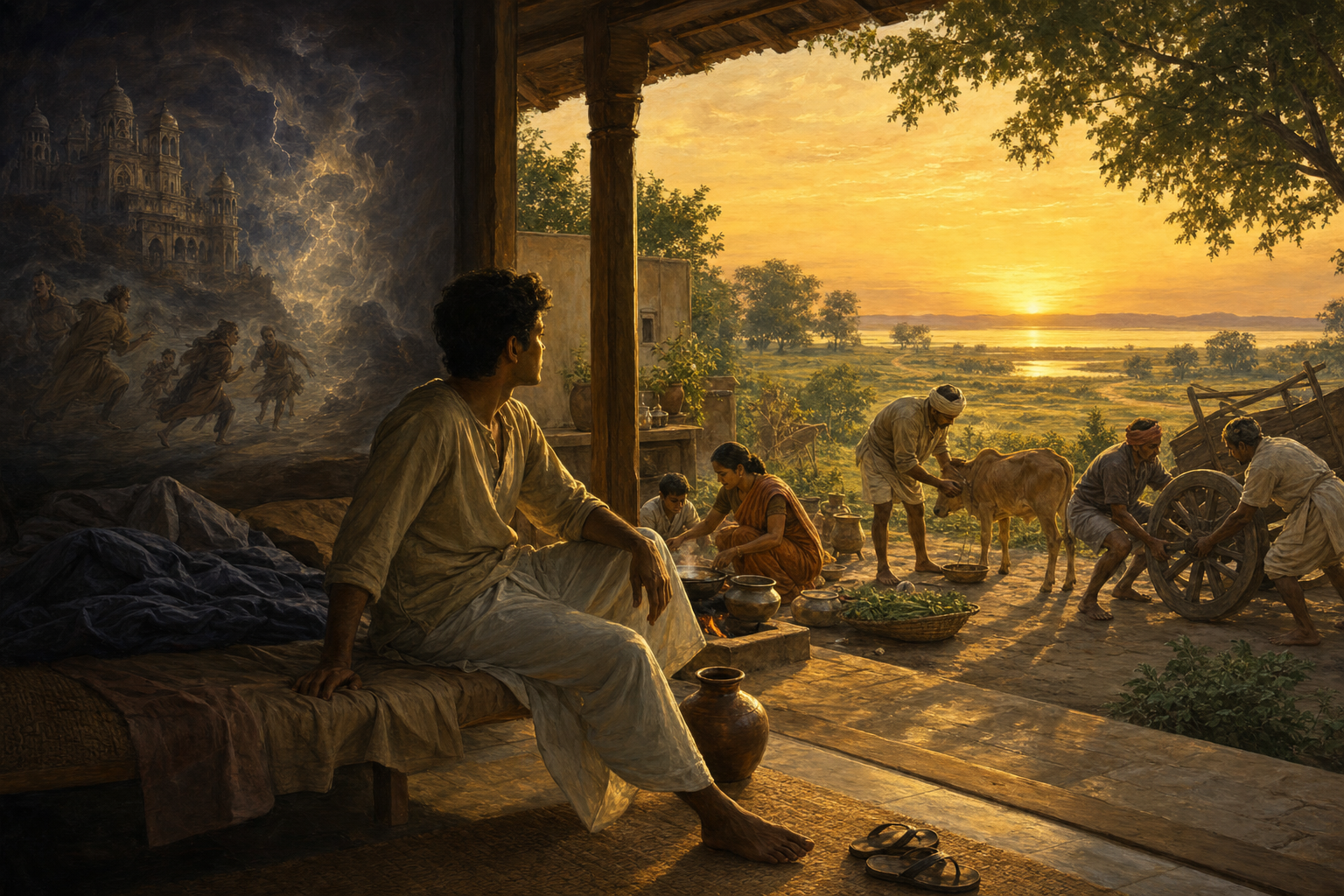 A person awakens as dreamlike forms fade behind them, while families and neighbors work beneath a continuous golden sky.
