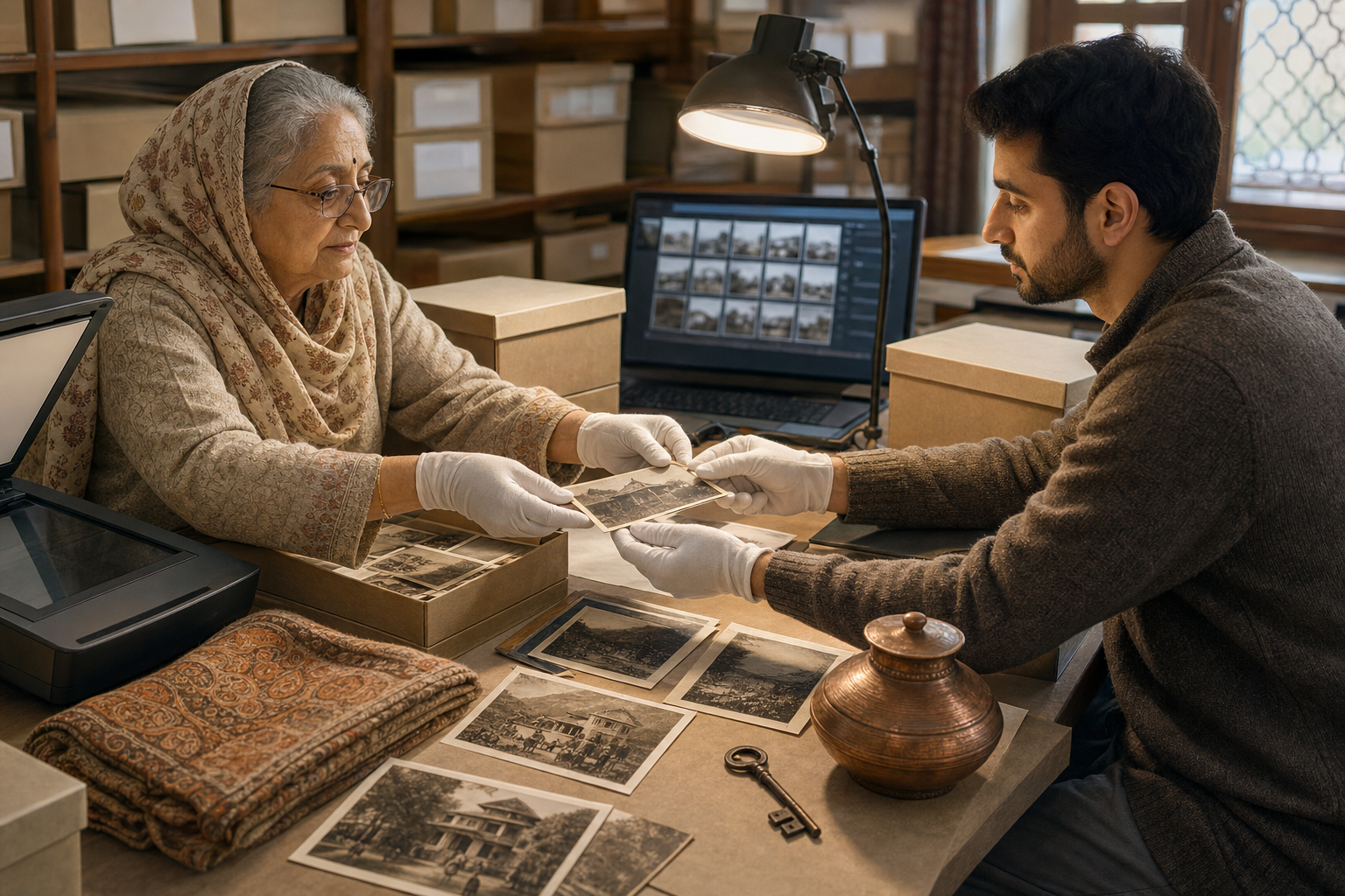 An older woman and a younger adult scan family photographs and preserve a house key, copper vessel, shawl, and other objects in a community archive.