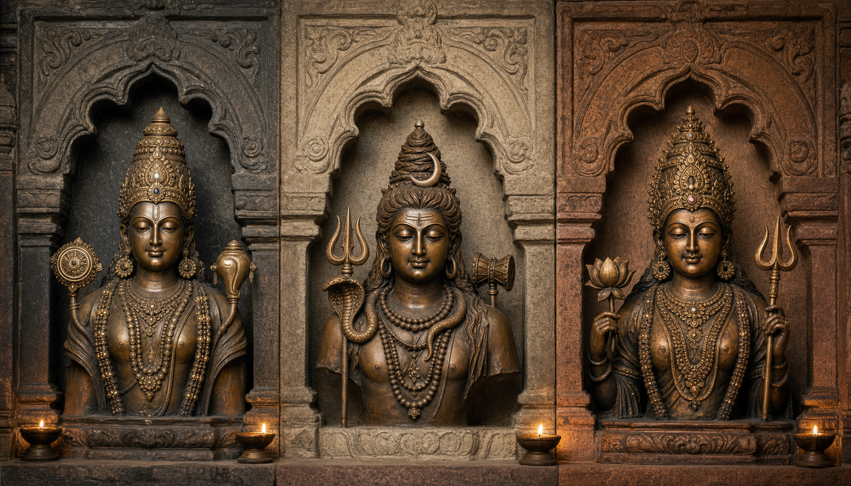 Low-angle view of a crowned bronze Devi murti with a red-gold jewel shining at the summit above her face.
