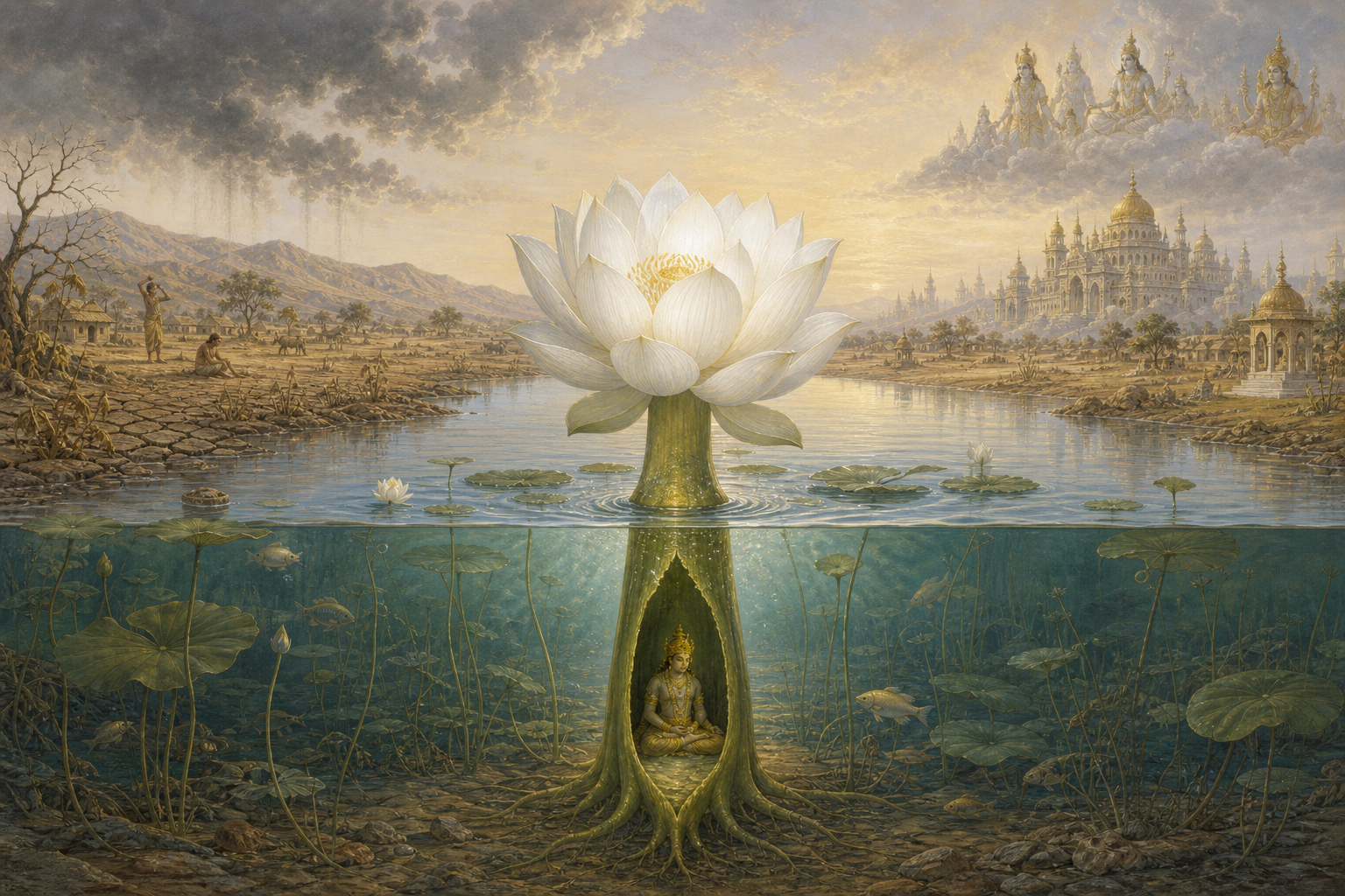 Indra sits hidden inside the stem of a white lotus while the water, fields, and celestial realm above appear dry and subdued.